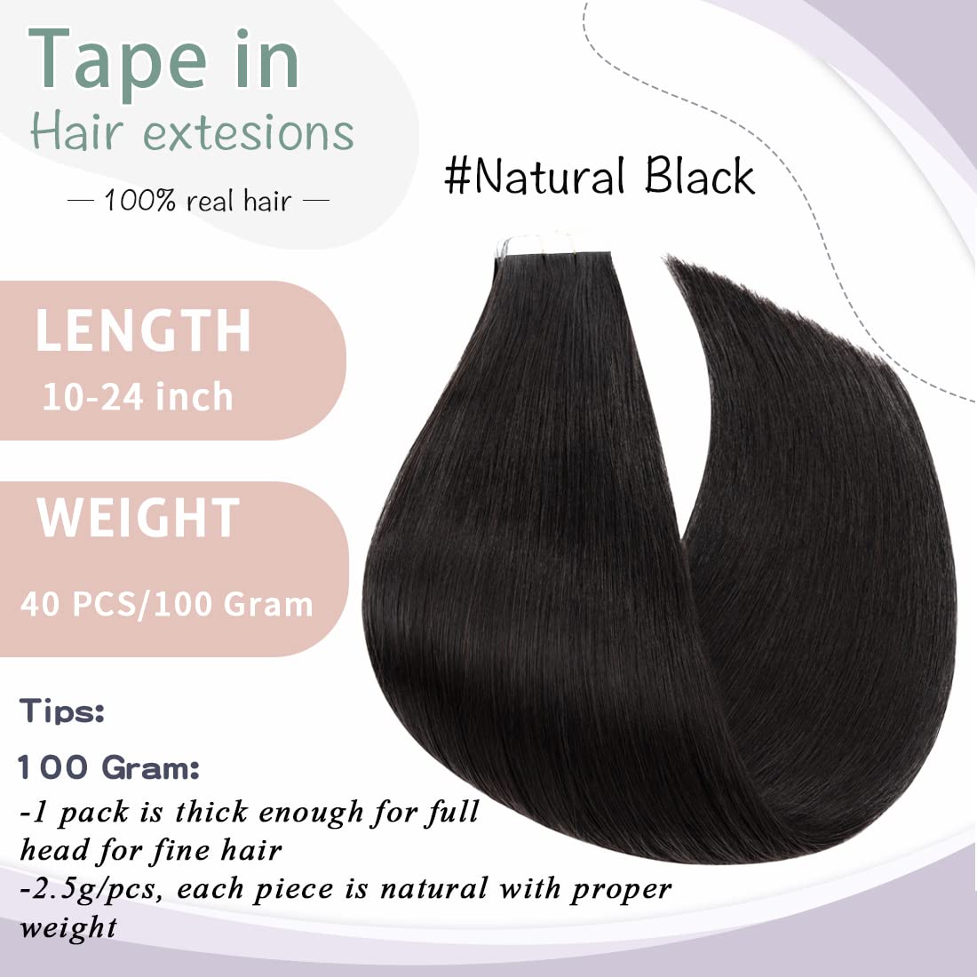 40pcs 100g Black Tape-in Hair Extensions - Remy Human Hair, Seamless Skin Weft, Invisible Double-Sided Tape for Full Head, 14 Inch Straight #1B Natural Black - Perfect for Daily Wear, Parties & Special Occasions