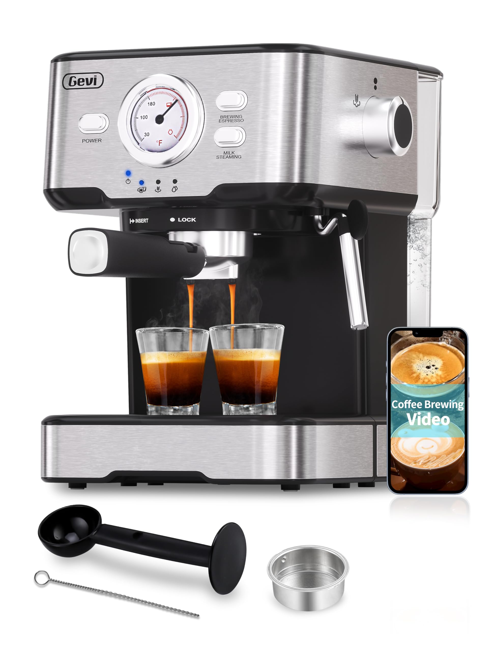 Gevi Espresso Machine with Milk Frother - 15 Bar Compact Coffee Maker for Home, 34oz Removable Water Tank - Perfect for Cappuccino, Latte & Espresso - Ideal for Kitchen, Office & Small Spaces