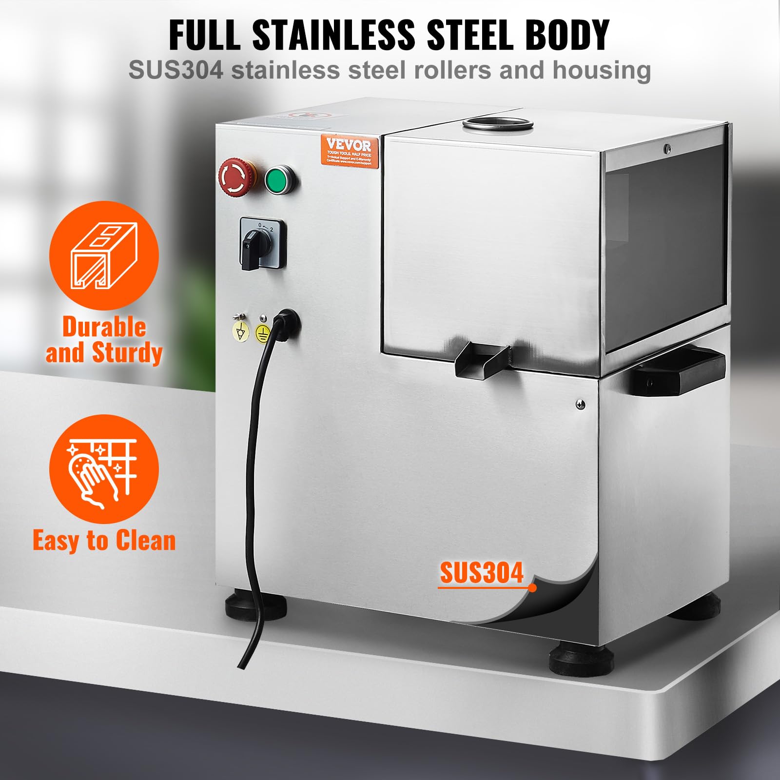 VEVOR 800W Commercial Electric Sugarcane Juicer - 661LBS/H High Capacity with 4 Stainless Steel Rollers & Auto Pressure Adjustment - Perfect for Juice Bars, Restaurants, and Home Use