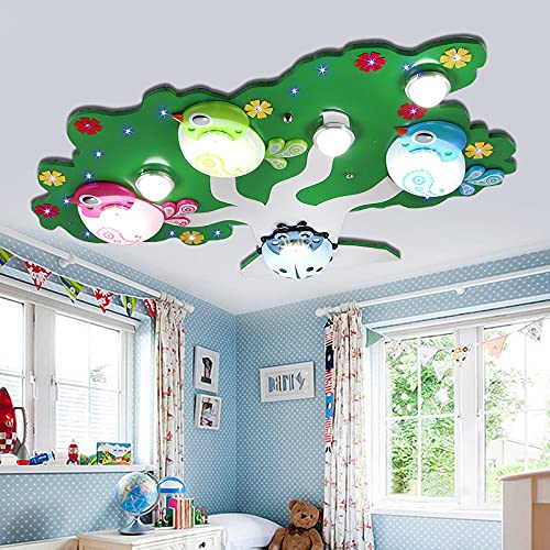 LITFAD Cartoon Bird & Tree Flush Mount LED Ceiling Light - Green Resin Kids Bedroom Lighting, Modern Nursery & Kindergarten Pendant Lamp - Perfect for Children's Rooms, Playrooms & Daycare Centers