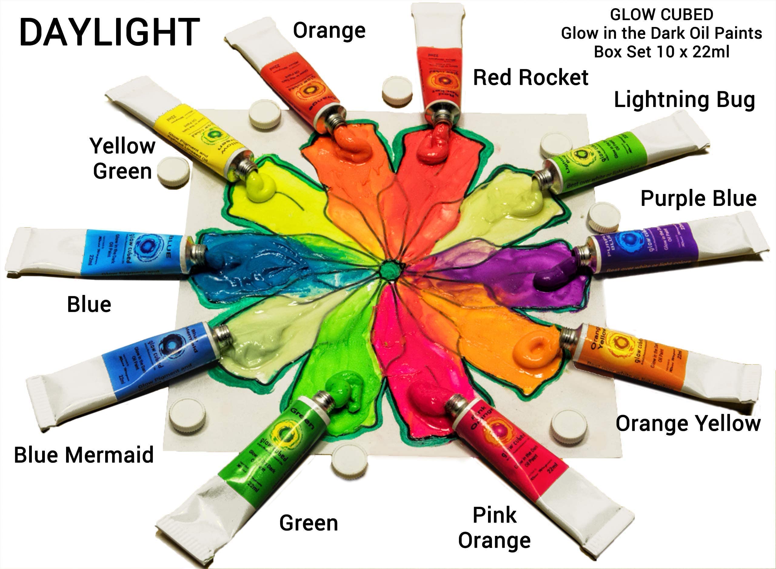 Glow in The Dark Professional Oil Paint Set - 10 Vibrant Colors with Lightning Bug 37ml for Canvas Art, Night Painting & DIY Projects