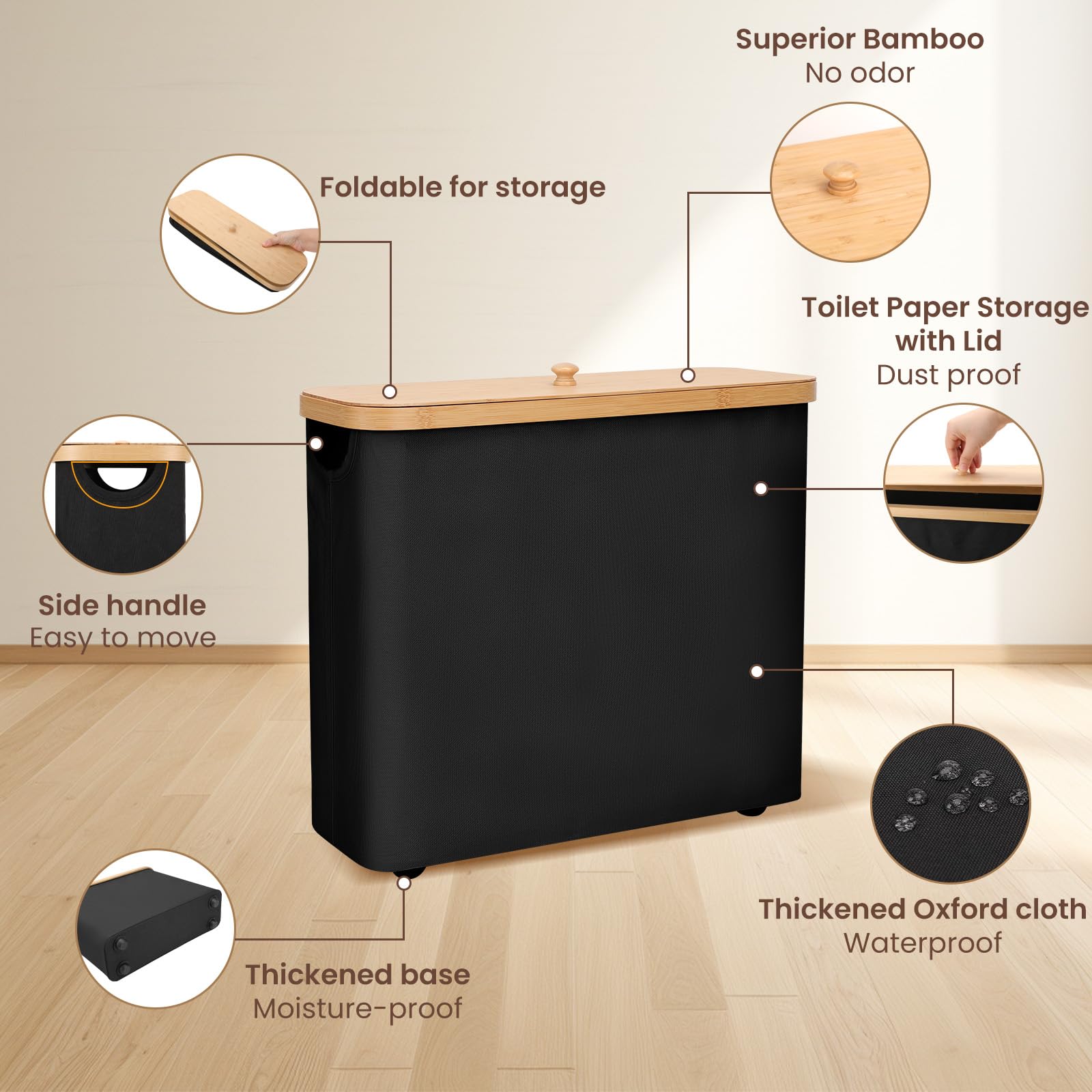 30L Waterproof Toilet Paper Storage Basket with Bamboo Lid & Handle - Bathroom Tissue Organizer for Home, RV, Camping & Emergency Preparedness