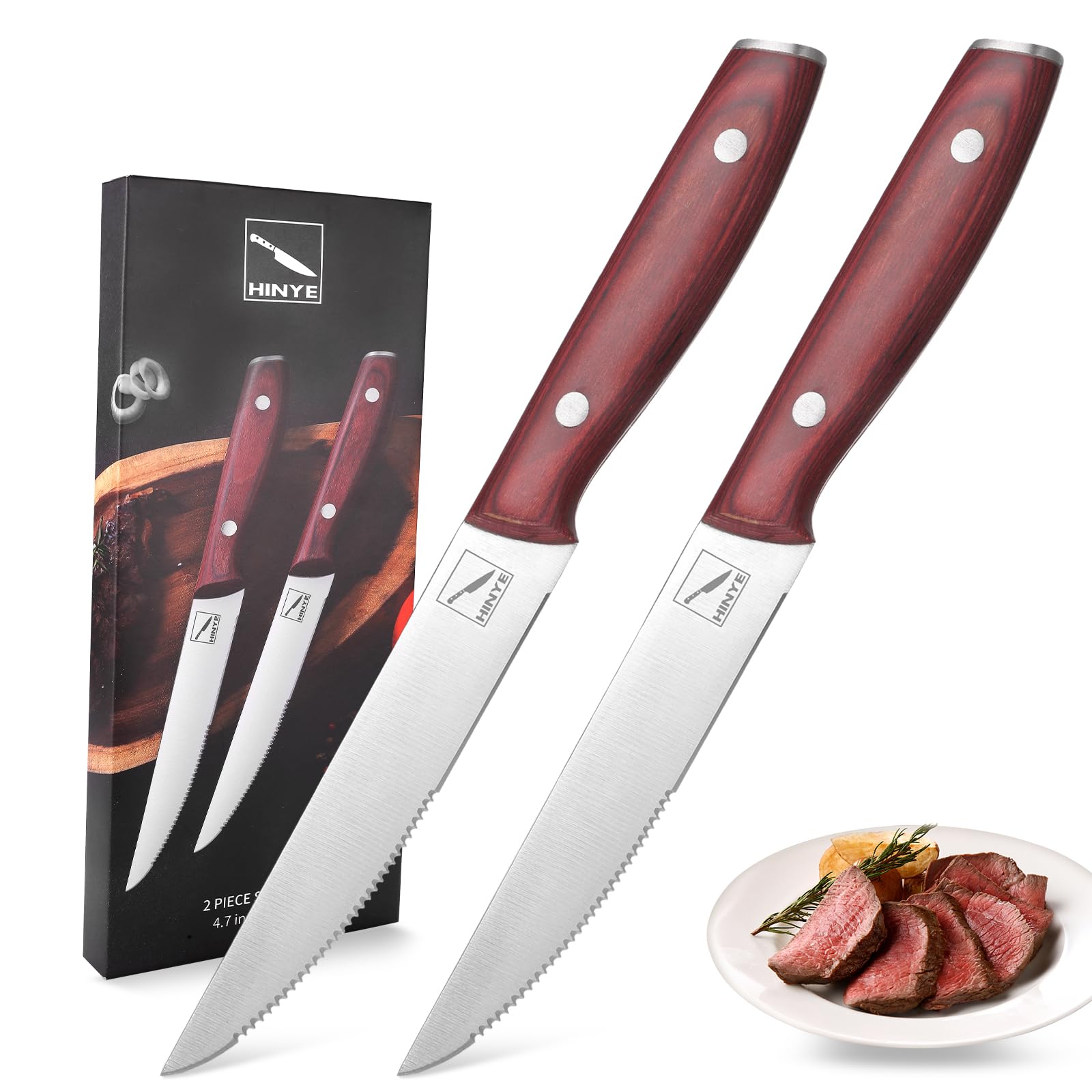 Premium 2-Piece Steak Knife Set - High-Quality Stainless Steel Serrated Blades with Ergonomic Wood Handle - Ultra Sharp & Durable Kitchen Cutlery - Perfect for Steakhouse Dining, BBQ Parties & Home Entertaining