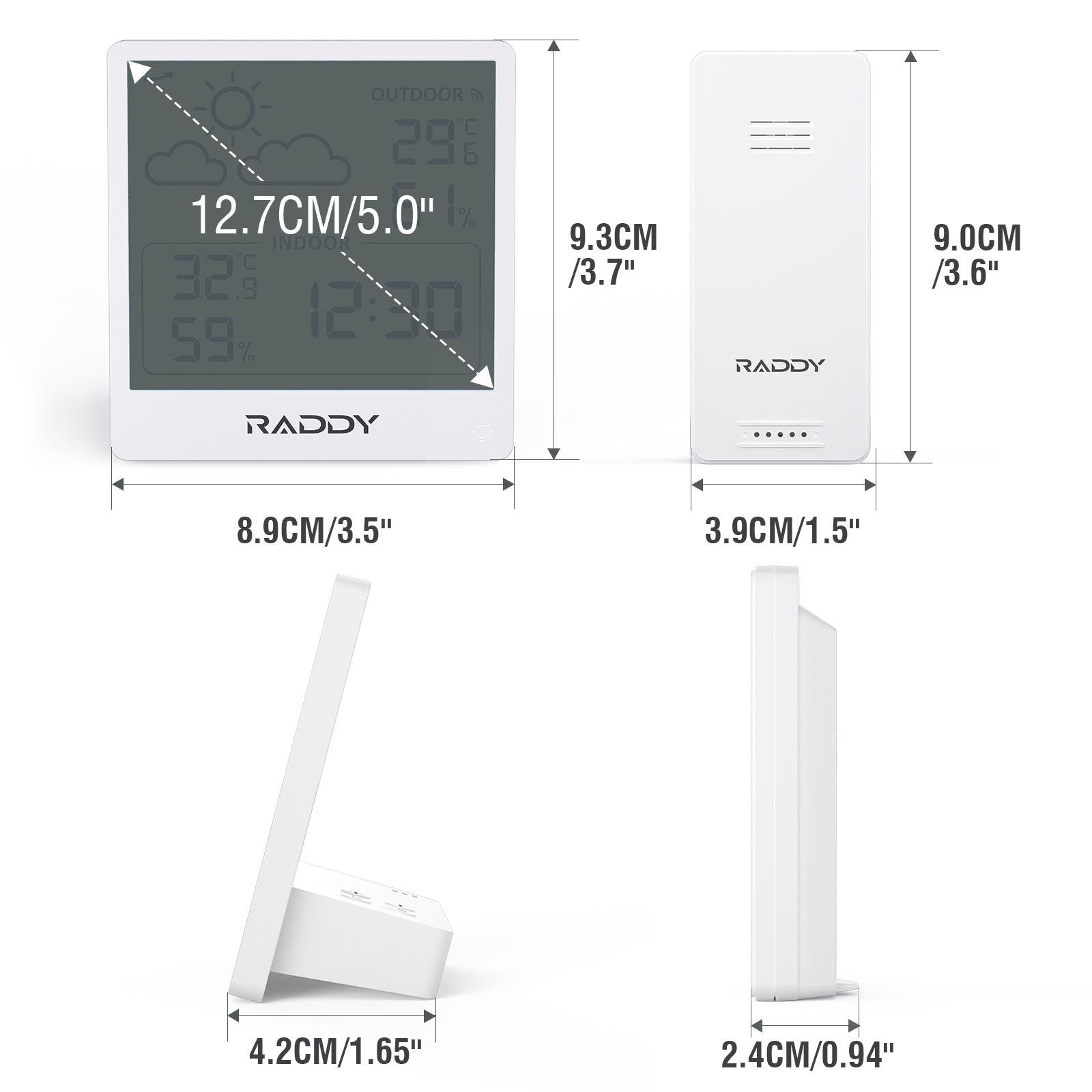 Raddy WF 50 Wireless Weather Station with 5.0’’ VA/TN Display - Indoor Outdoor Temperature & Humidity Monitor, Weather Forecast, USB C/Battery Powered - Perfect for Home, Office, and Garden Use