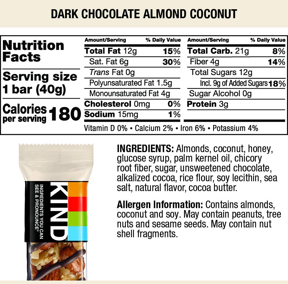 KIND Dark Chocolate Almond Coconut Bars - Low Glycemic, Gluten Free, Healthy Snacks - 1.4oz (60 Count) - Perfect for On-the-Go Breakfast, Work Snacks & Keto Diet
