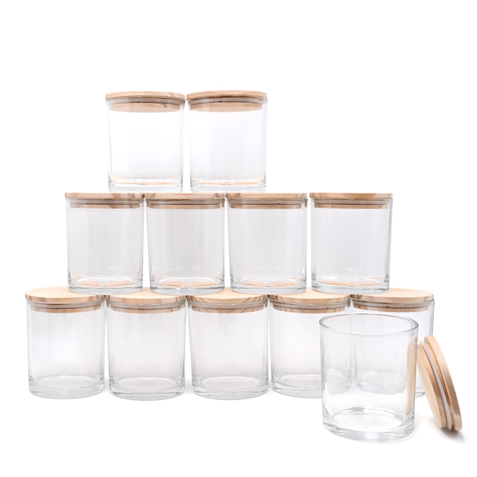 14 oz Thick Clear Candle Jars with Wood Lids - 12 Pack Empty Candle Containers for DIY Candle Making, Wax Melts, Bath Salts & Home Decor - Perfect for Gifts, Wedding Favors & Aromatherapy