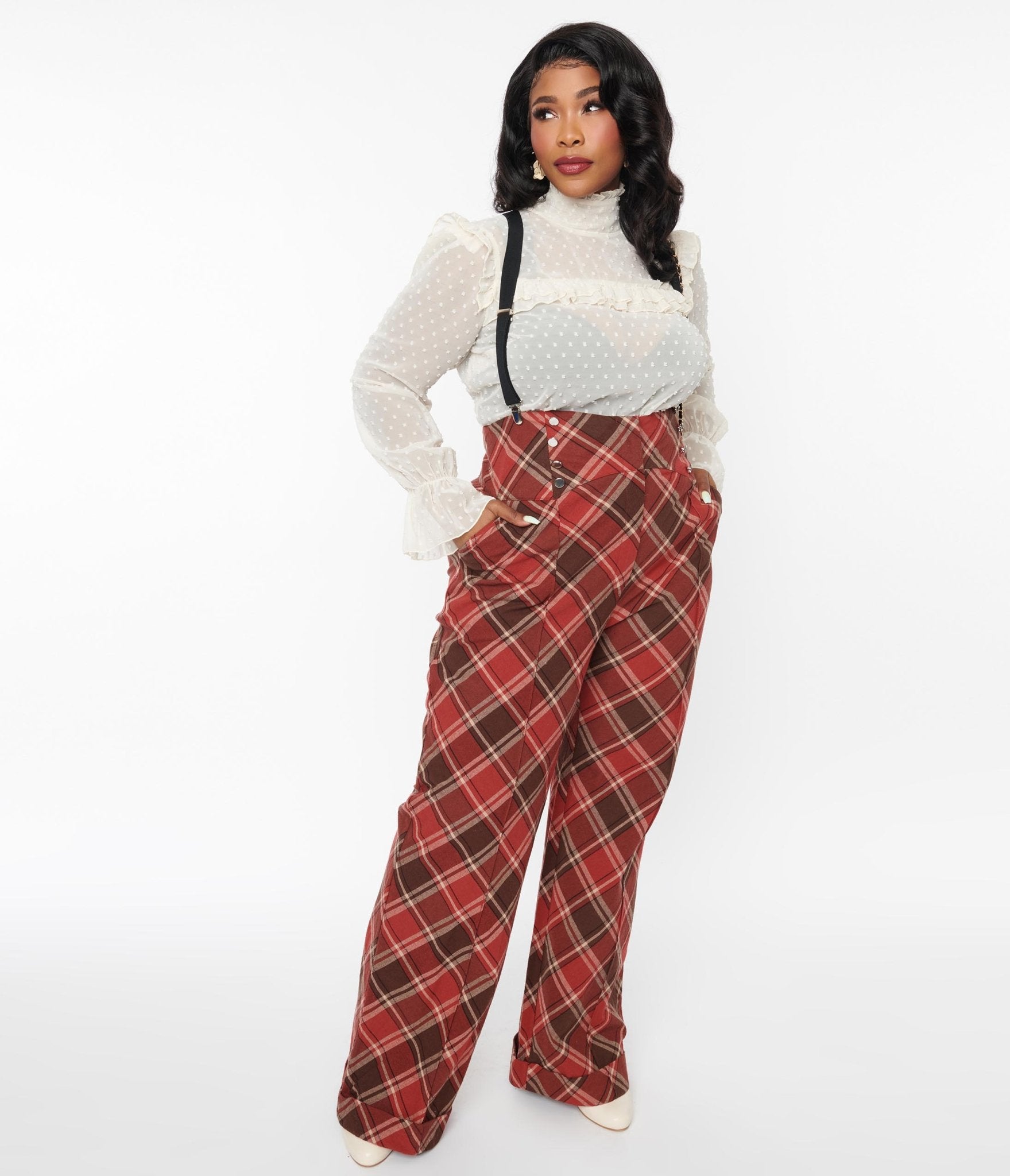 Vintage 1940s Red & Brown Plaid Wide Leg Suspender Pants for Women - Retro High Waist Trousers with Adjustable Straps - Perfect for Cosplay, Themed Parties & Vintage Fashion Lovers