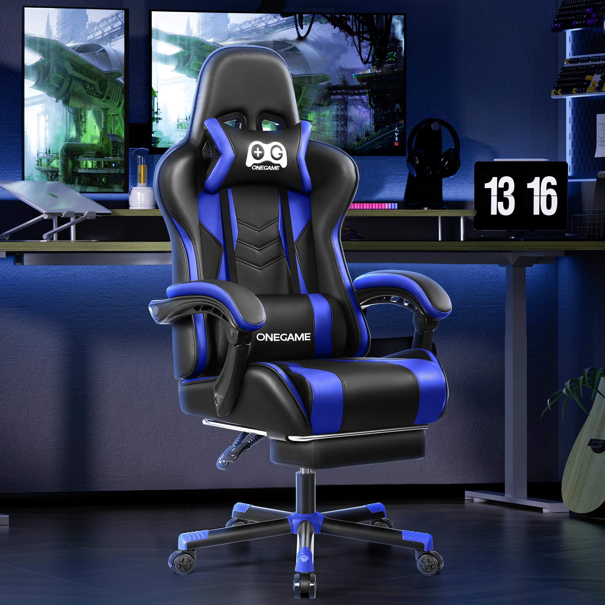 OneGame Ergonomic Gaming Chair with Footrest - High Back PU Leather Racing Style Computer Chair for Home Office - Adjustable Height Video Game Chair (Black/Blue) - Perfect for Esports, Streaming & Long Gaming Sessions