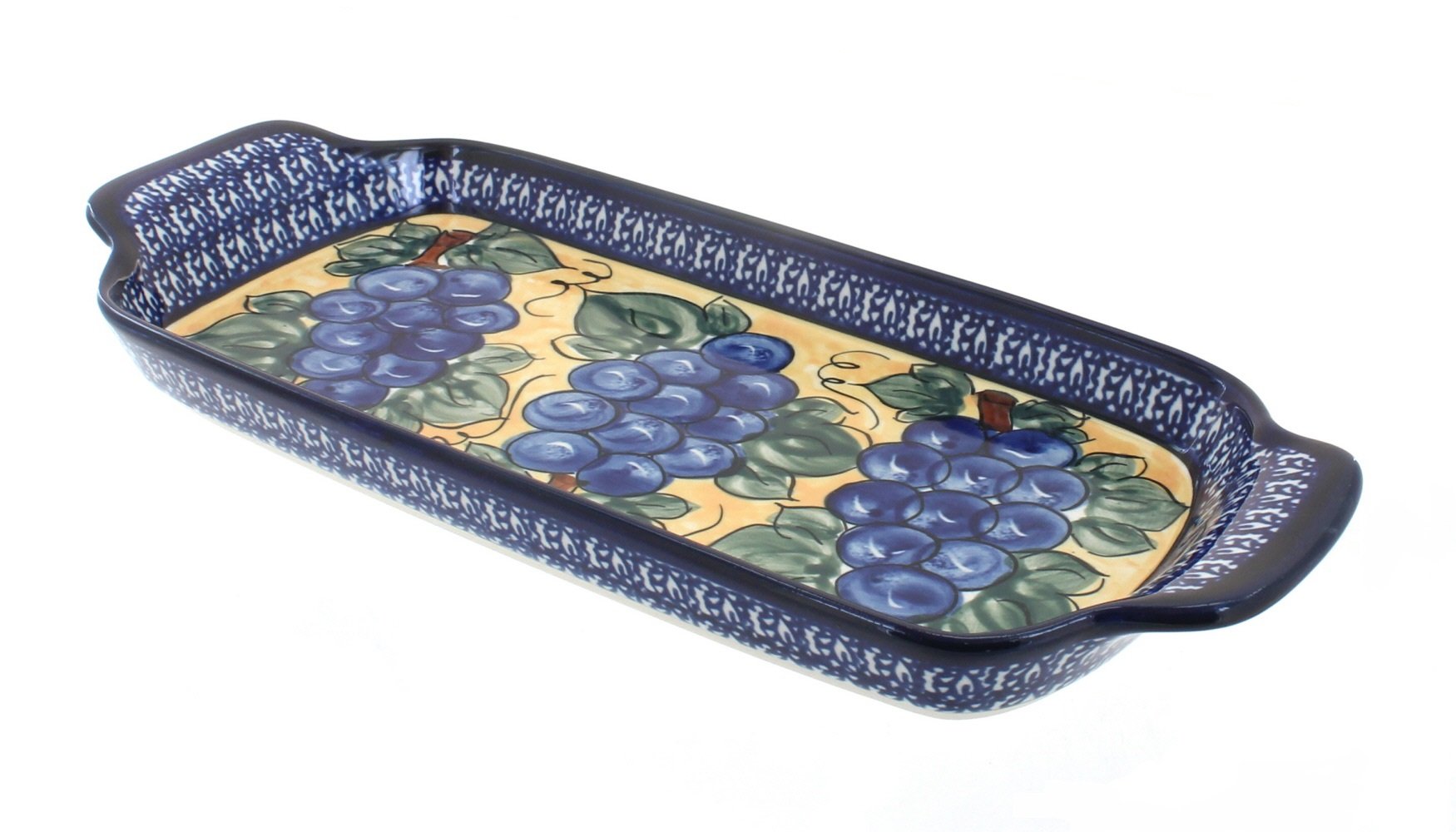 Handmade Blue Rose Polish Pottery Grapes Bread Tray with Cobalt Trim & Handles - Elegant Serving Platter for Bread, Cheese, Fruits & Appetizers - Perfect for Parties, Weddings & Home Decor