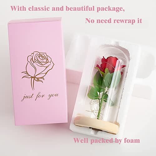 Enchanted Silk Rose with LED Light in Glass Dome - Best Birthday Gift for Mom, Wife, Women (Red Rose Home Decor) | Perfect for Mother's Day, Anniversary, Valentine's Day | Elegant Table Centerpiece & Romantic Home Decoration