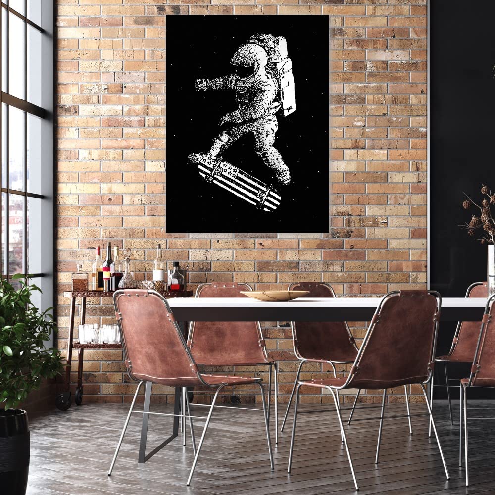 Kickflip in Space Canvas Wall Art - Modern Abstract Painting by Robert Farkas - Large 42x56 Inch Ready to Hang Artwork - Perfect for Living Room, Bedroom, Office Decor - Unique Space Skateboard Theme for Home & Commercial Spaces