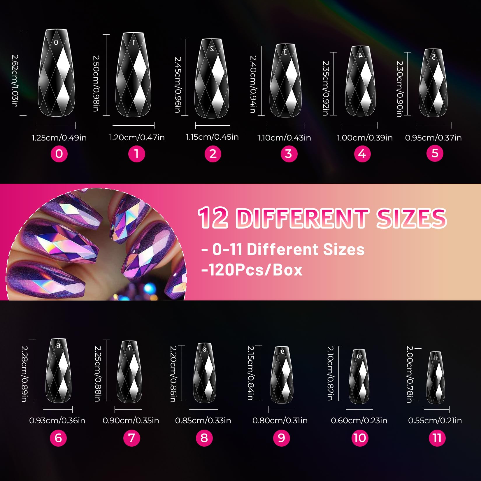 Ranrose 120PCS 3D Diamond Coffin Nail Tips - Medium Length Clear Acrylic Press On Fake Nails with Glitter Designs for Nail Extension, Salon & DIY | Perfect for Parties, Weddings & Special Occasions