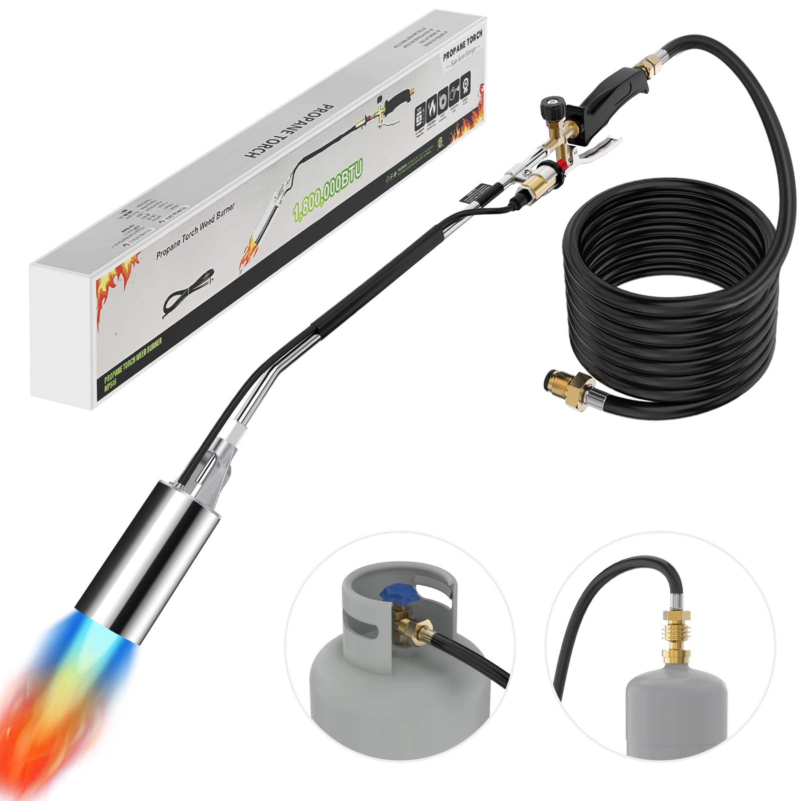 Portable Propane Torch Weed Burner Kit - 1,800,000 BTU High Output Garden Torch with 11.5FT Hose for Weed Control, Roof Asphalt Melting, Ice & Snow Removal, Road Marking & BBQ - Perfect for Gardening, Construction & Outdoor Maintenance