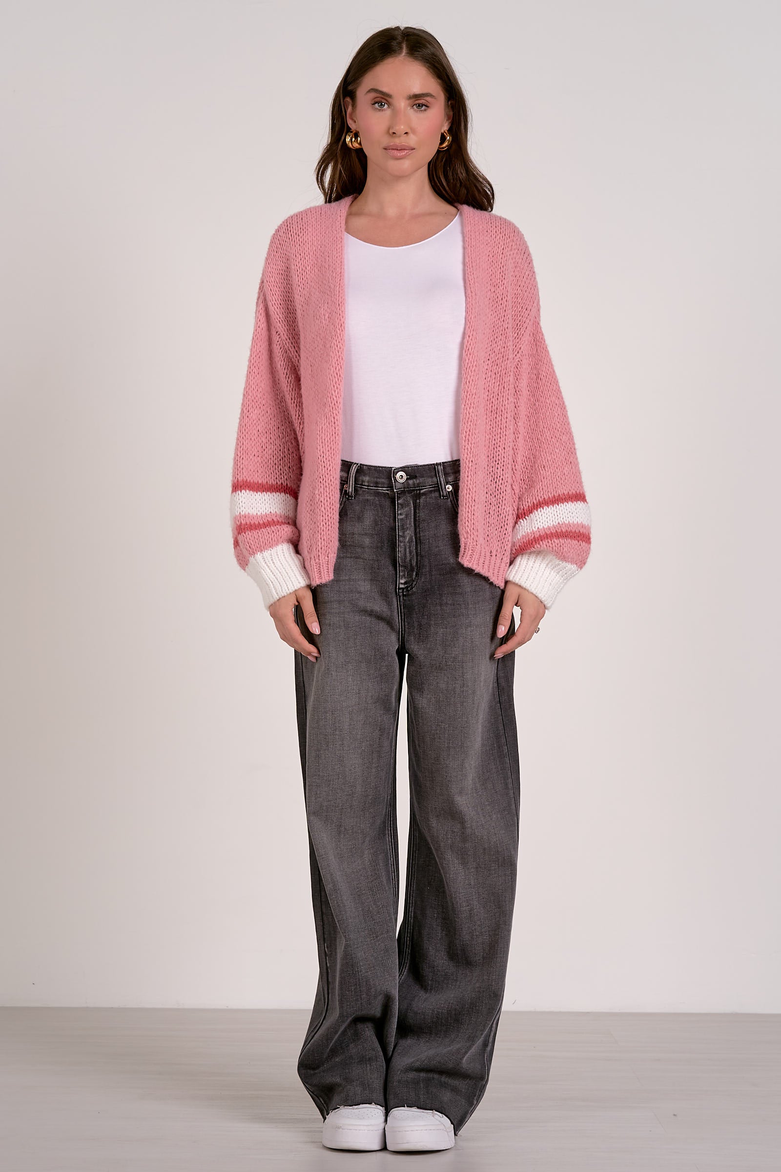 Women's Varsity Open Front Sweater Cardigan - Soft Pink Knit Long Sleeve Lightweight Pullover for Casual Outfits & Layering in Fall/Winter
