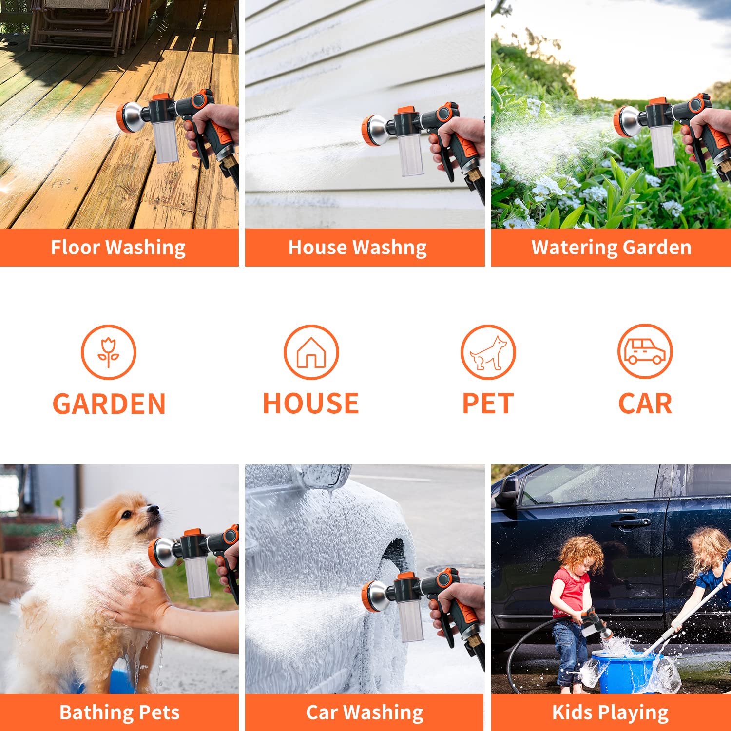 **Heavy Duty Metal Garden Hose Nozzle - 8 Spray Patterns High Pressure Water Nozzle for Dog Washing, Car Cleaning, Plant Watering | Includes Soap Dispenser & Car Wash Mitt | Perfect for Outdoor Cleaning, Pet Care & Vehicle Maintenance**