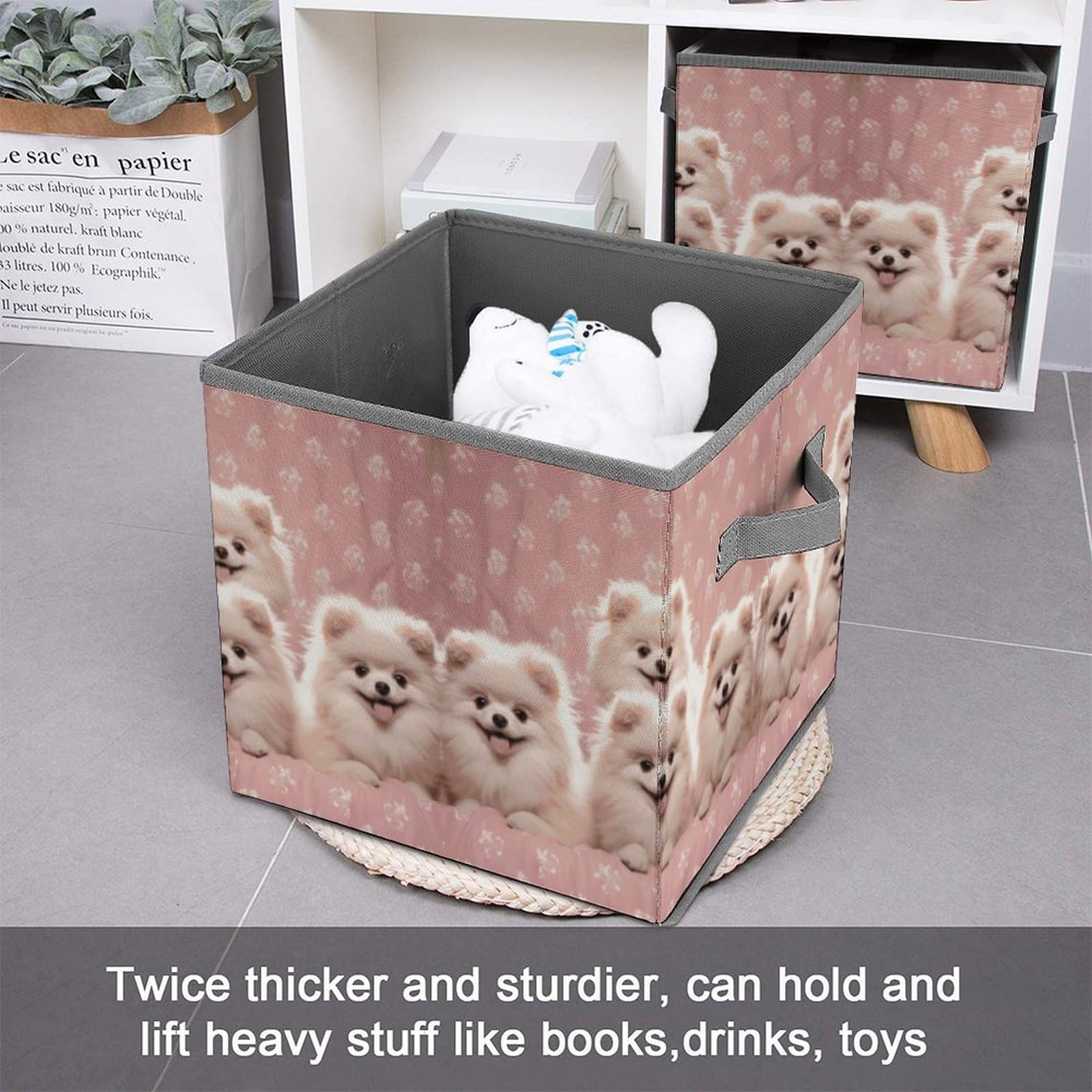 Collapsible Storage Cubes with Handles - 10.6×10.6 Inch Foldable Fabric Bins for Home Organization (Pomeranian Puppy Print) - Perfect for Closet, Nursery, Office & Toy Storage