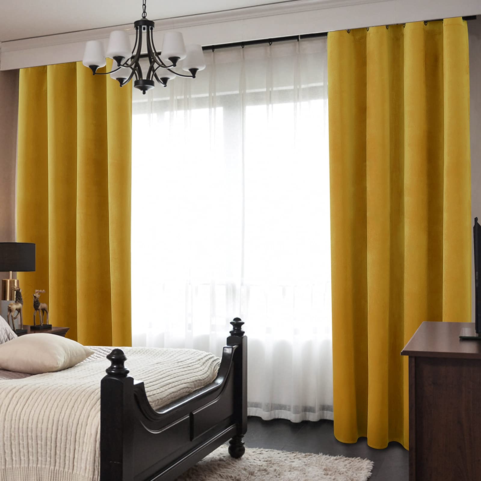 Premium 100% Blackout Velvet Curtains - Mustard Yellow Room Darkening Drapes (52x96 Inch, 2 Panels) for Bedroom & Living Room | Noise Reducing, Thermal Insulated Window Treatments for Better Sleep & Energy Efficiency