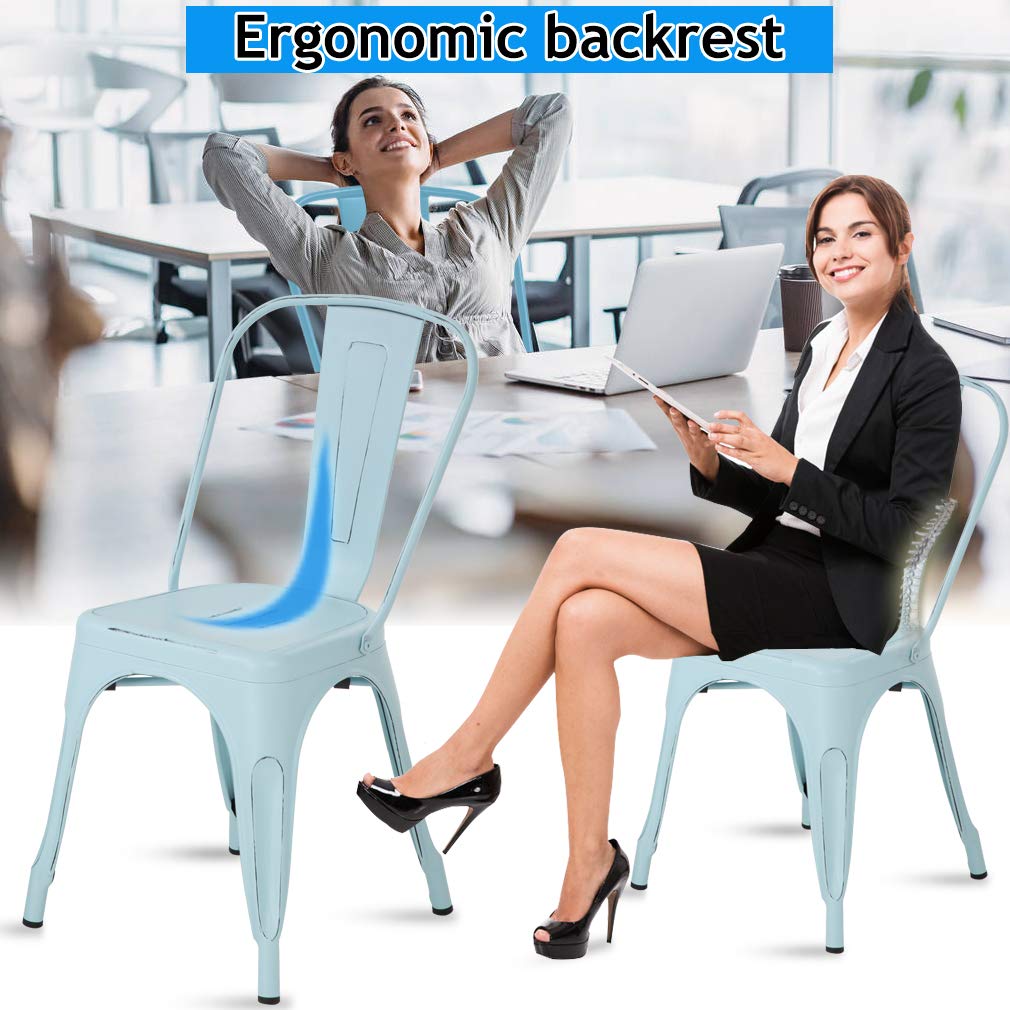 Metal Dining Chairs Set of 4 - Indoor Outdoor Stackable Bistro Chairs 330LBS Capacity - Rustic Industrial Cafe, Kitchen, Farmhouse, Pub & Restaurant Chairs in Blue - Perfect for Home, Patio, Coffee Shop & Dining Areas