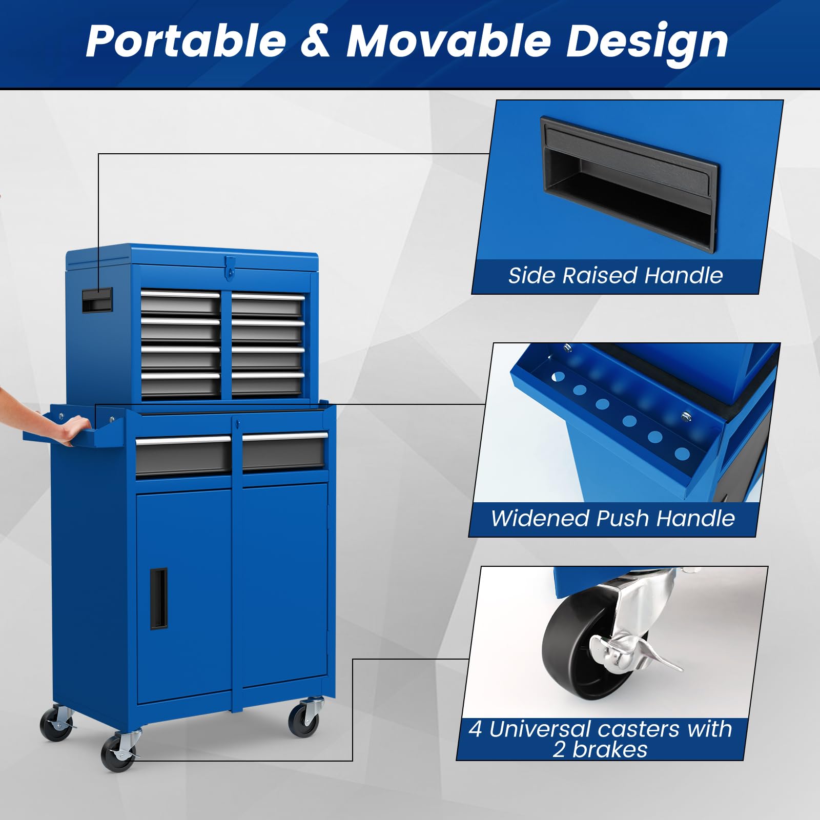 ERGOMASTER Heavy Duty 5-Drawer Rolling Tool Chest with Lockable Cabinet - Removable Storage for Garage, Workshop & DIY Projects - Durable Blue Tool Box for Professional Mechanics & Home Improvement