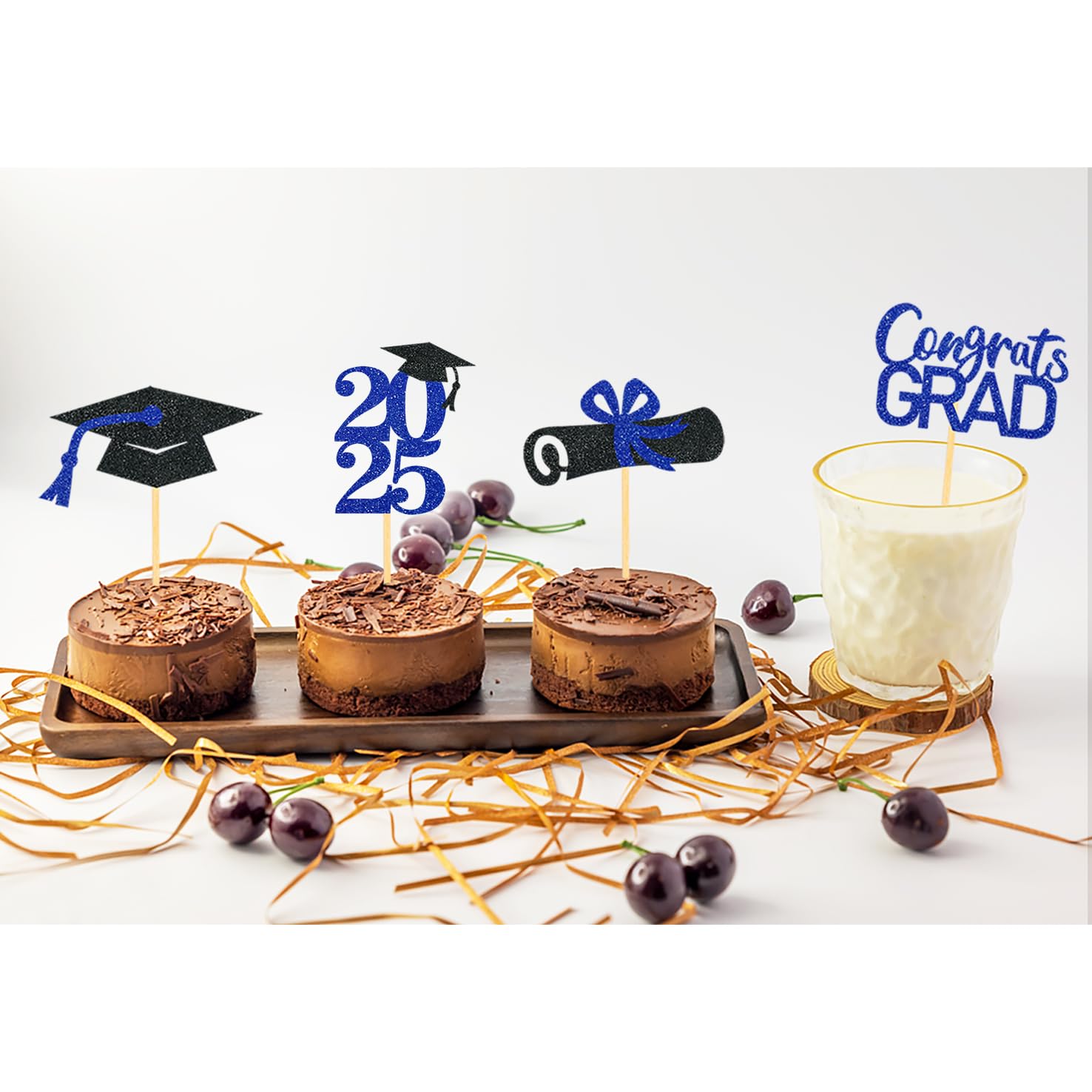 24Pcs Graduation Cupcake Toppers - Class of 2025 Blue Cupcake Decorations for Graduation Party, Commencement Ceremony & School Celebration - Food Safe Cake Picks for Dessert Decoration