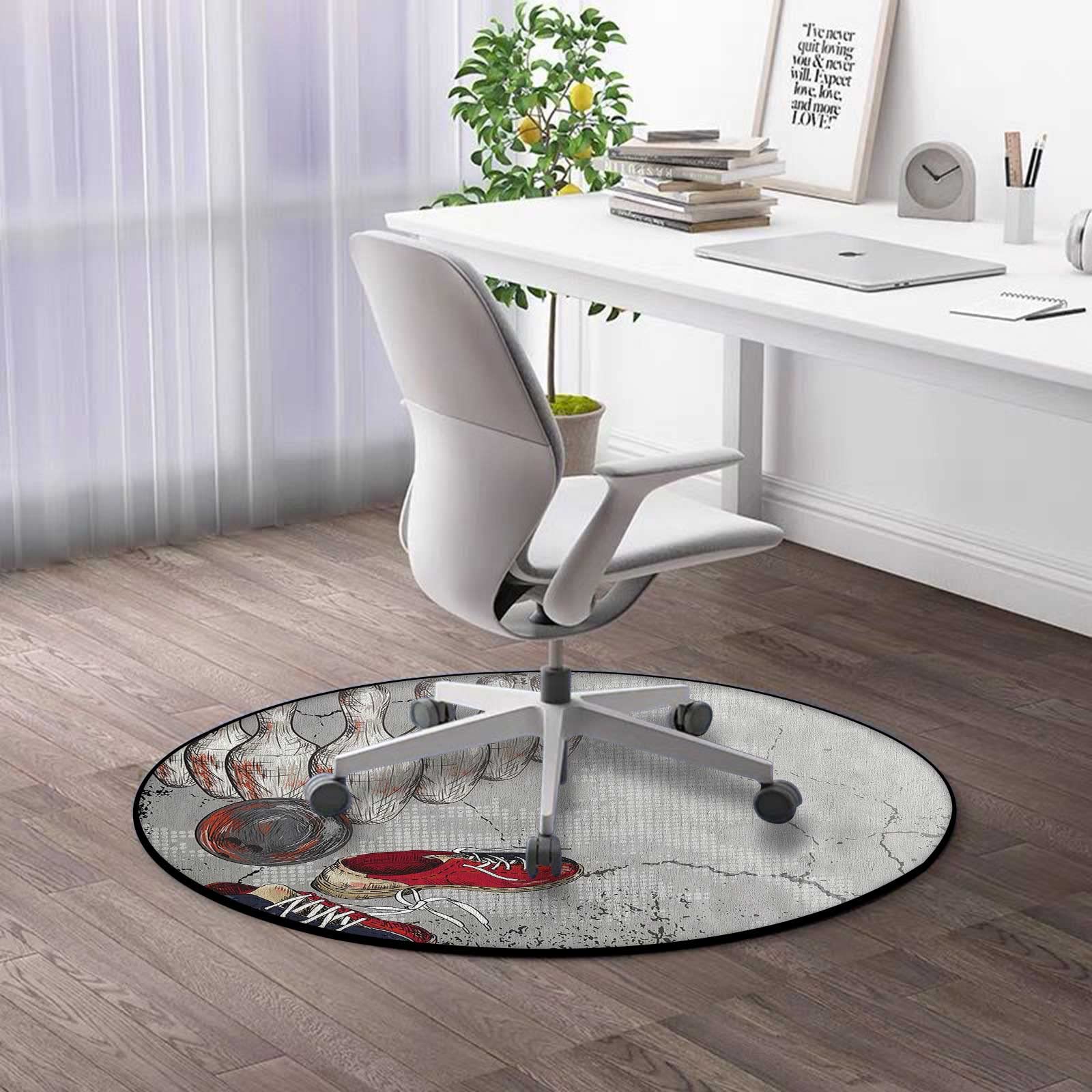 4ft Round Area Rug - Light Grey, Red & Dark Blue Bowling Party Decorations | Anti-Fatigue Standing Desk Mat for Hard Floors | Perfect for Office, Game Room & Home Decor