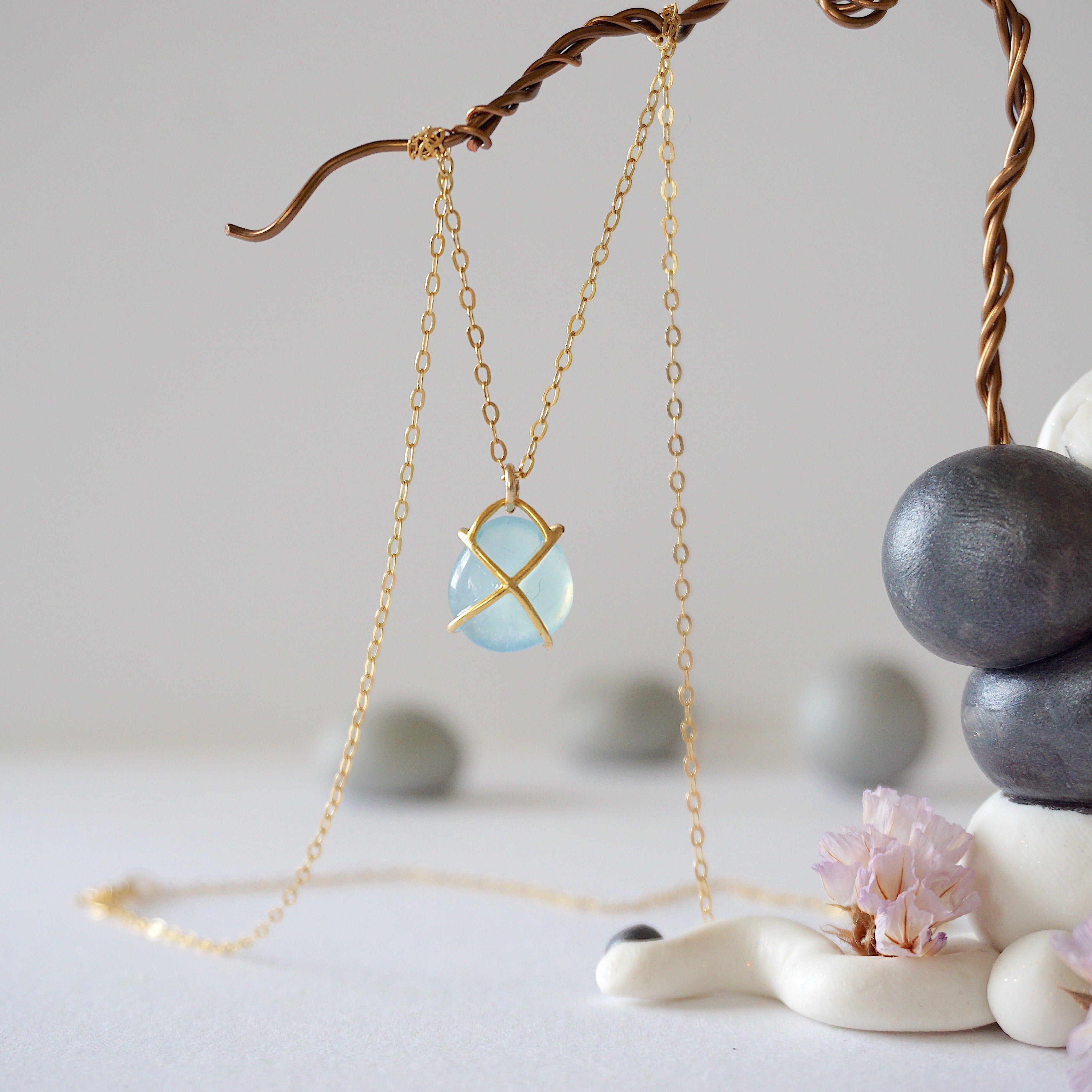 14K Gold Filled Aquamarine Huggie Charm Necklace for Women - Dainty Layering Jewelry for Everyday Wear, Gift for Her, Birthday & Anniversary Present