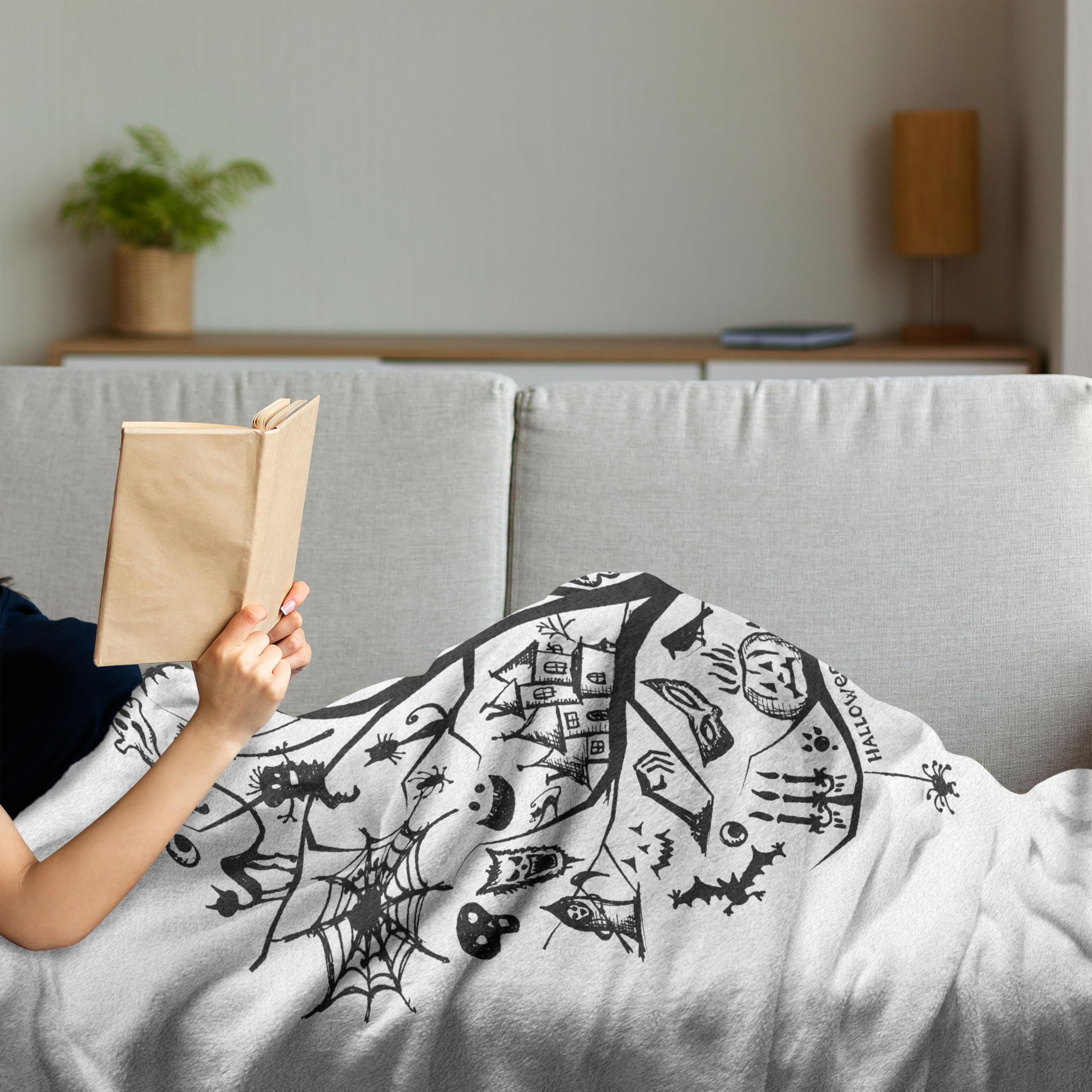 Ambesonne Halloween Throw Blanket - Spooky Tree & Witch Broom Design, Soft Flannel Fleece, 70x90 Inch Charcoal Grey | Cozy Couch Cover for Fall Decor, Horror Movie Nights & Scary Party Decorations