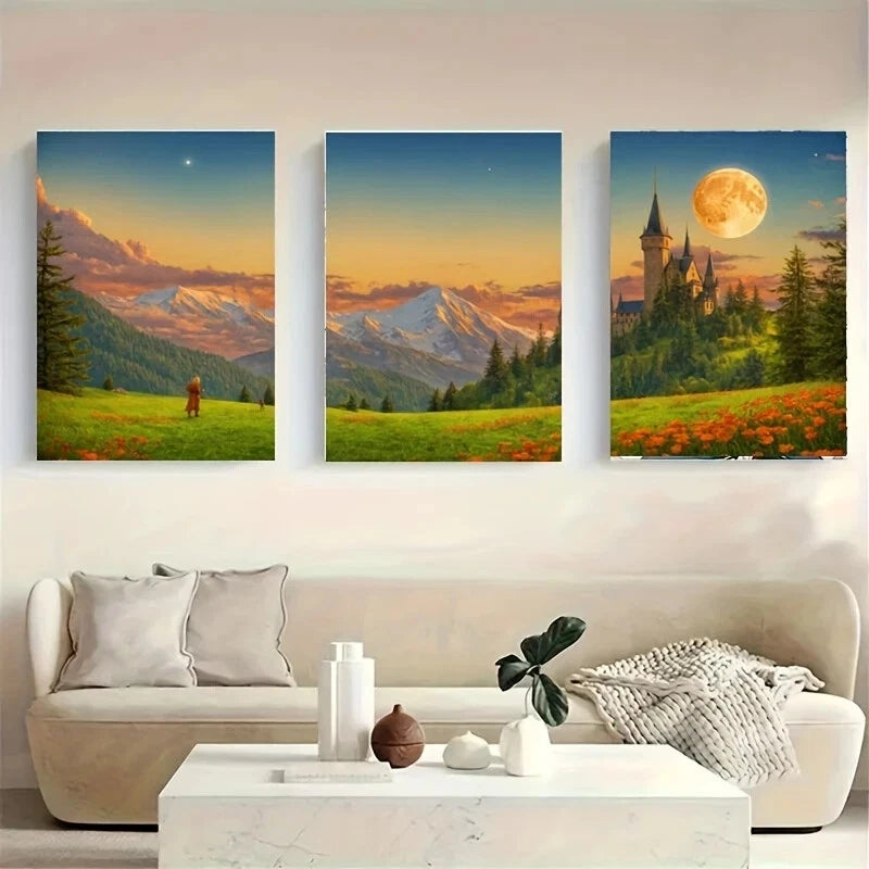 3-Piece Fantasy Castle Landscape Metal Wall Art - Ready to Hang Home Decor for Living Room, Bedroom & Office