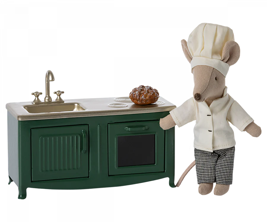 Maileg Miniature Kitchen Playset - Dark Green Mouse Theme | Pretend Play Toy for Kids, Dollhouse Accessories & Collectible Gift