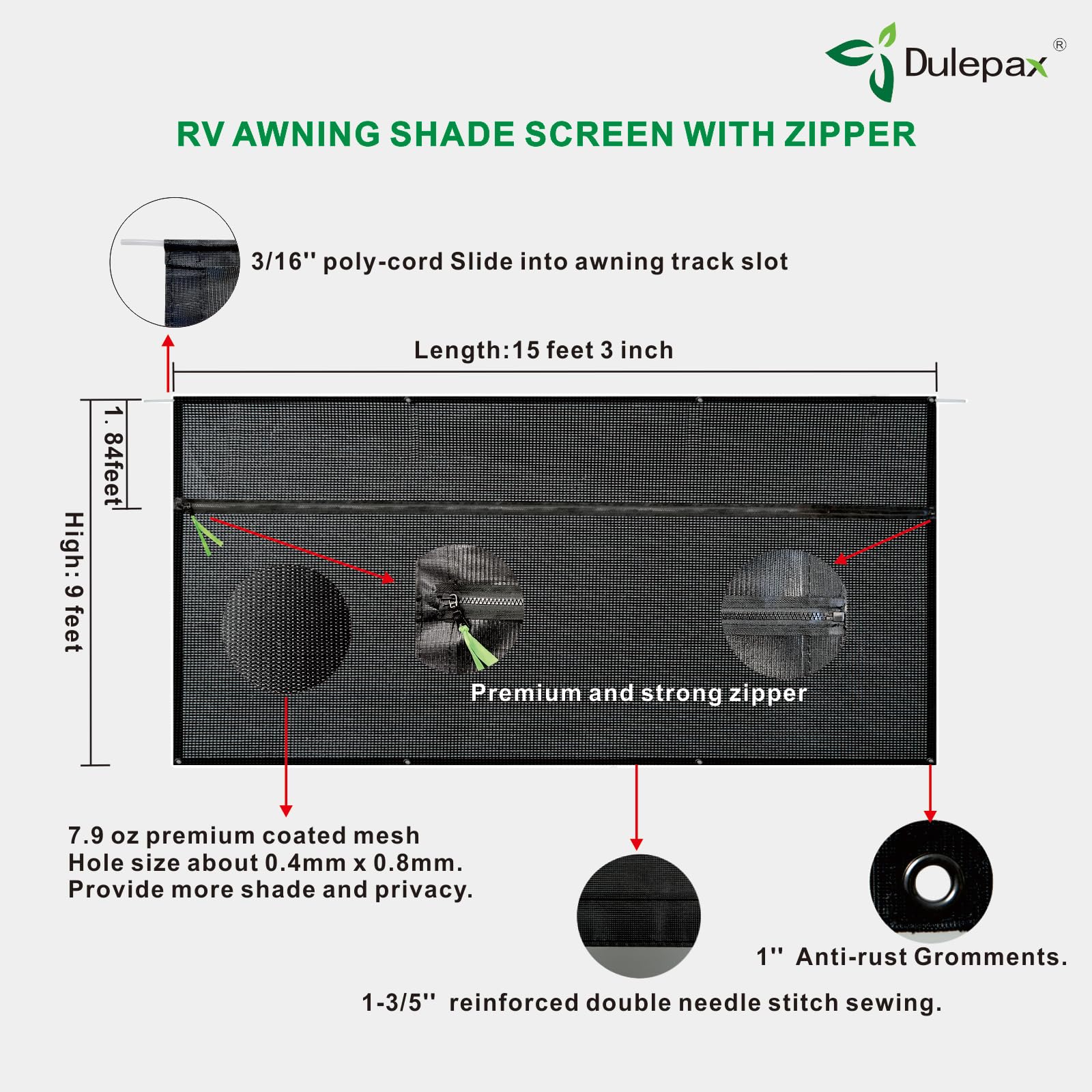 Dulepax RV Awning Shade Screen with Zipper - 9'X15'3' UV Blocking & Privacy Protection - Universal Fit for Dometic, Carefree & More RV Accessories - Perfect for Camping, Outdoor Relaxation & Sun Protection