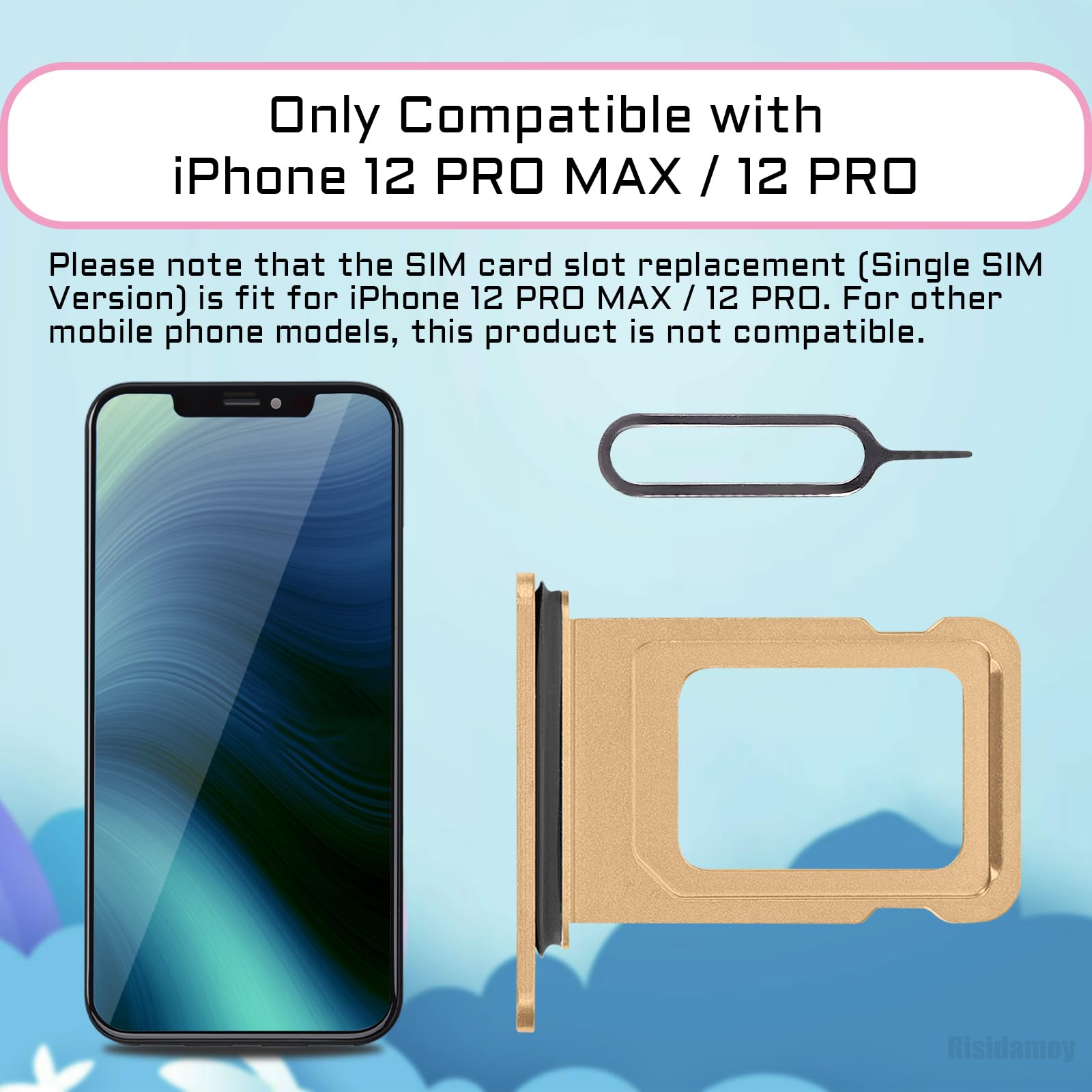 Original iPhone 12 Pro Max Gold SIM Card Tray Holder Replacement - Compatible with A2342 A2410 A2411 A2412 Models | Waterproof Rubber Ring & SIM Ejector Tool Included | Perfect for Travel, Business & Everyday Use