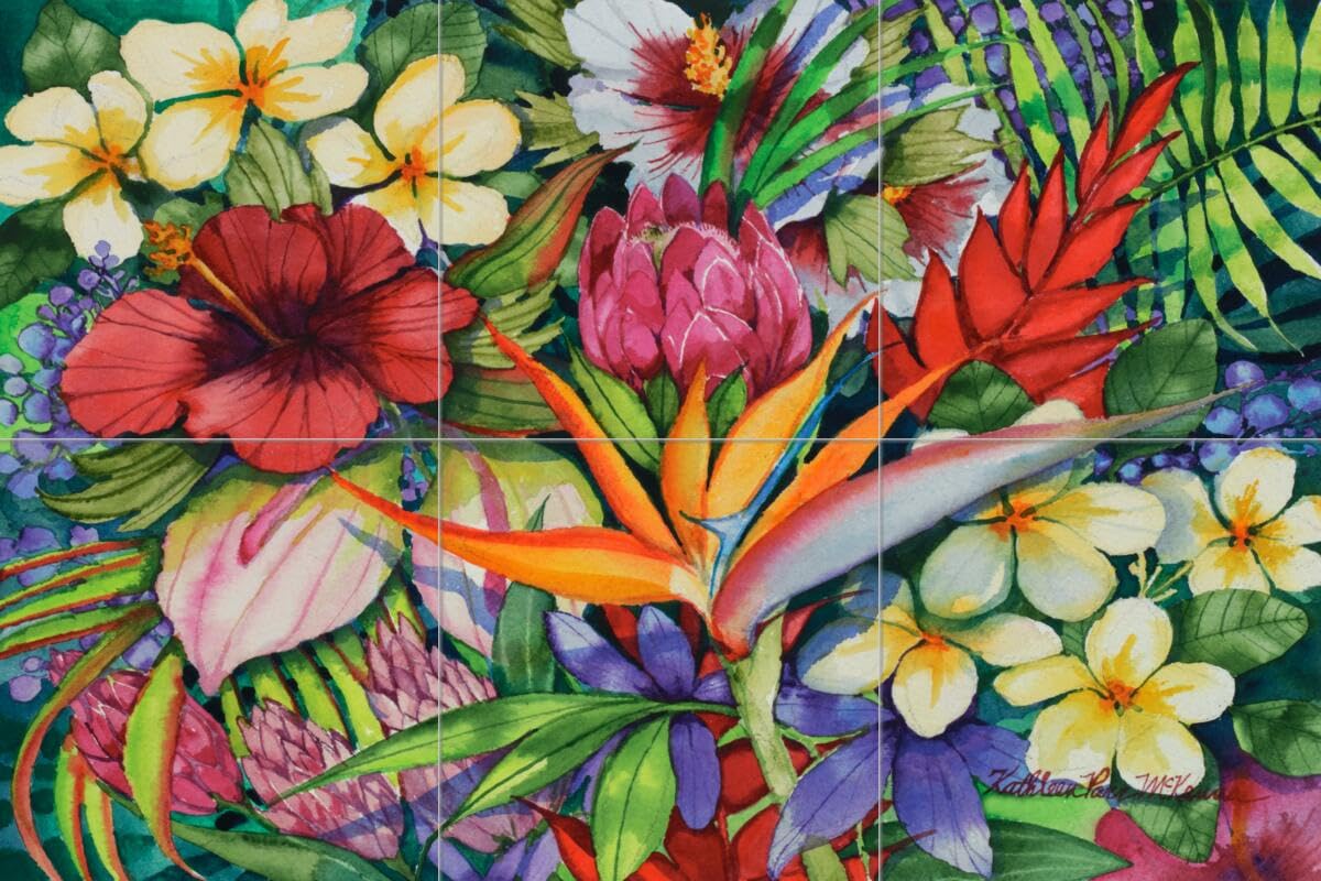 Ceramic Backsplash Tile Mural - Tropical Floral Design by Kathleen Parr McKenna for Kitchen & Bathroom - Perfect for Home Renovation and Coastal Decor