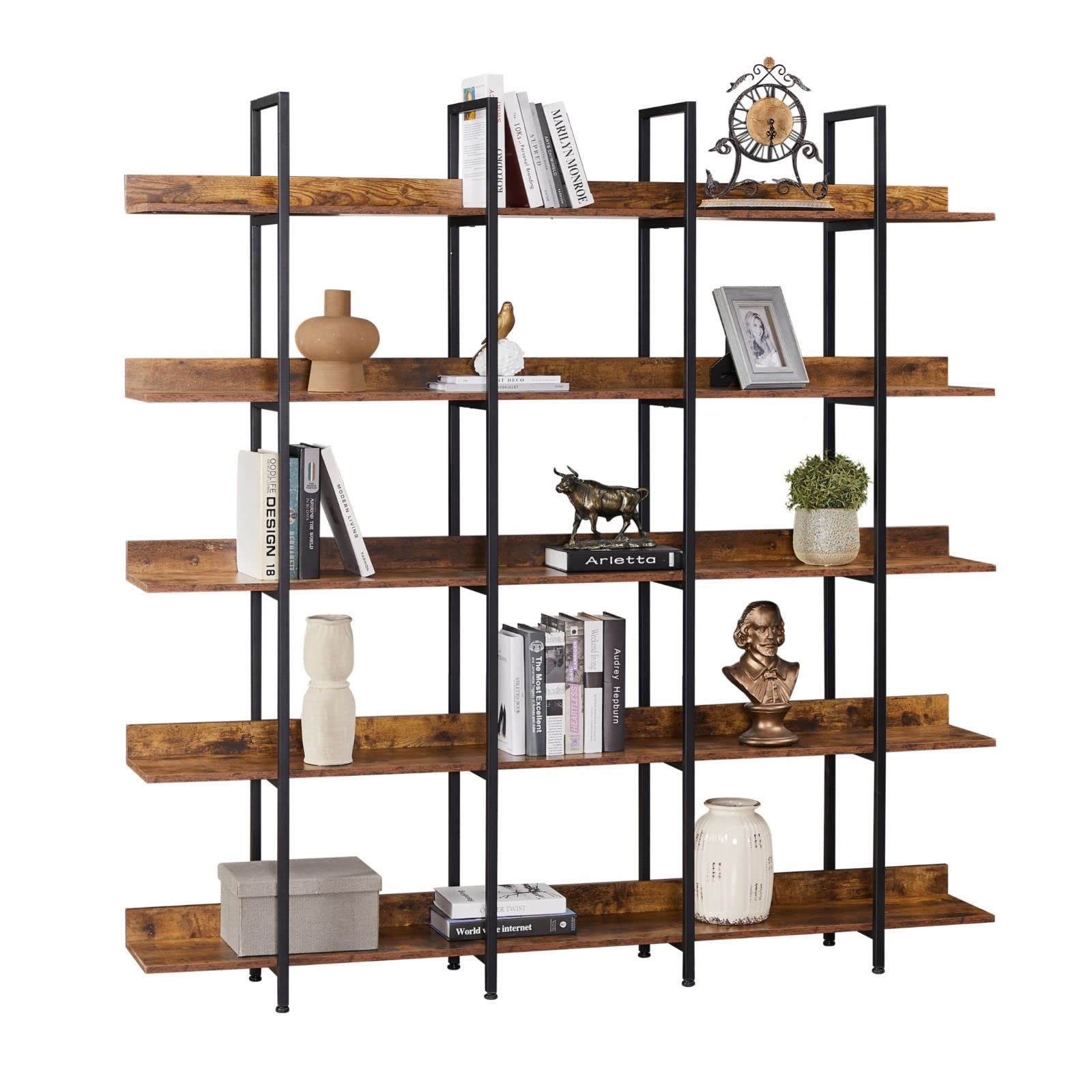 5-Shelf Industrial Bookcase - Large Open Display Shelves with Sturdy Metal Frame - Perfect for Home Office, Living Room & Bedroom Storage & Organization