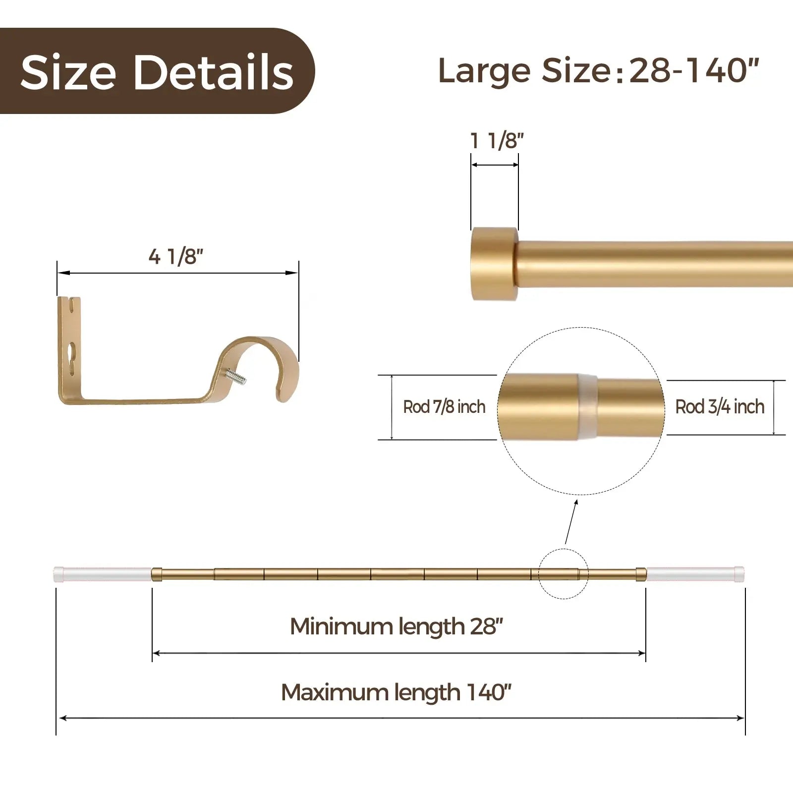 Jaylon Adjustable Curtain Rod with Rings - Extendable Window Drapery Rod for Living Room, Bedroom & Kitchen - Easy Installation for Blackout & Sheer Curtains