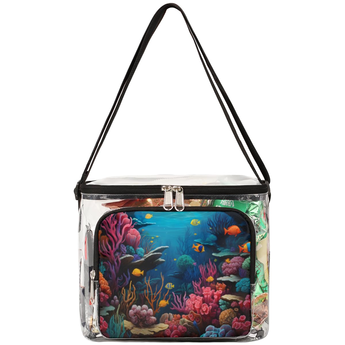 GzLeyigou Clear Transparent Tote Bag with Handles - Underwater Coral Fish Design - Crossbody Shoulder Bag for Lunch, Beach, Travel, Picnic, Concerts & Sports Events - Stadium Approved Clear Purse for Outdoor Activities & Theme Parties