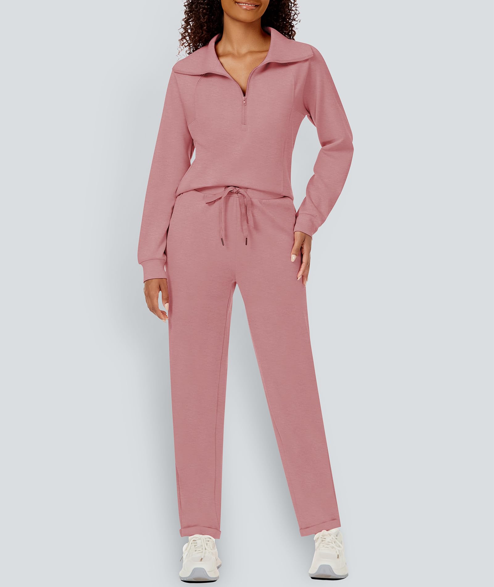 Women's 2 Piece Sweatsuit Set - Lapel Half Zip Sweatshirt & Lounge Sweatpants | 2024 Fall Matching Outfits for Casual Wear, Home Relaxation & Street Style