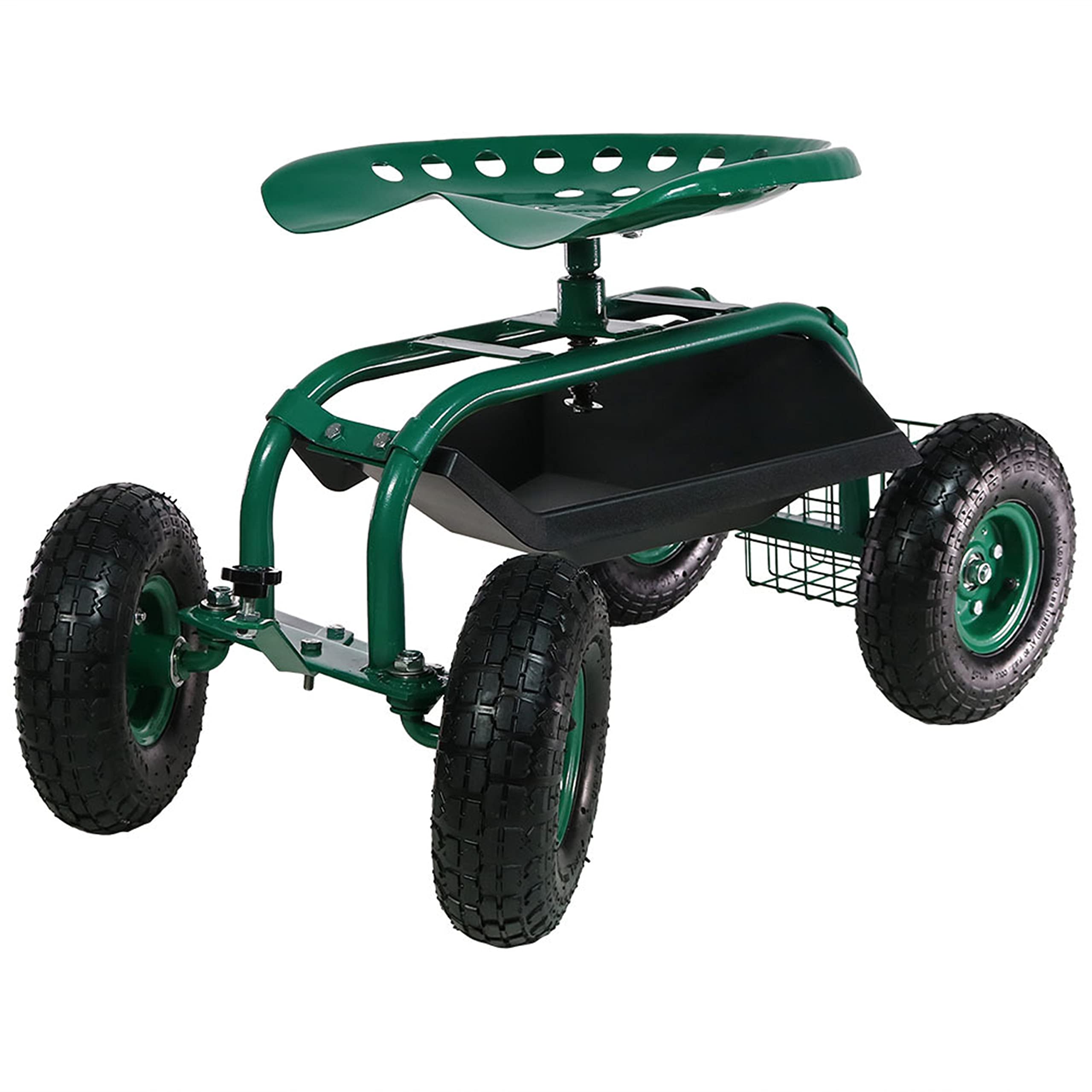 Sunnydaze Rolling Gardening Cart with Adjustable 360-Degree Swivel Seat - Utility Tool Tray & Storage Basket - Green Outdoor Garden Cart for Planting, Weeding & Yard Work