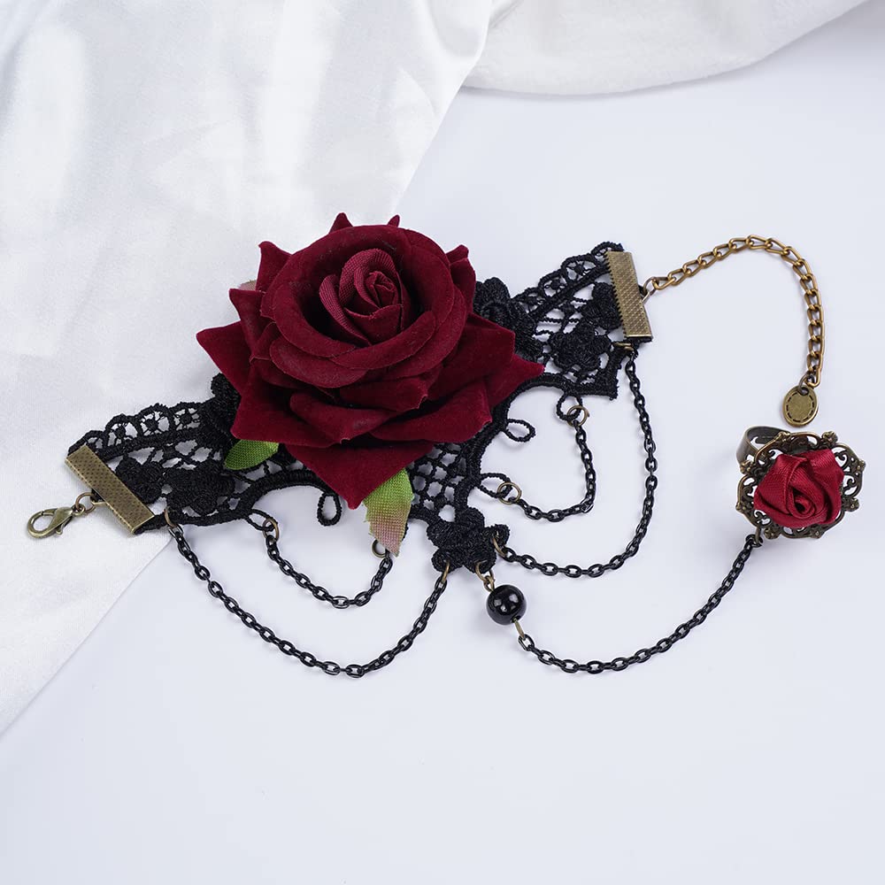 Elegant Black Lace Bracelet with Rose Ring - Floral Charm Bracelet for Women | Gothic Jewelry for Halloween Party, Date Night & Special Occasions