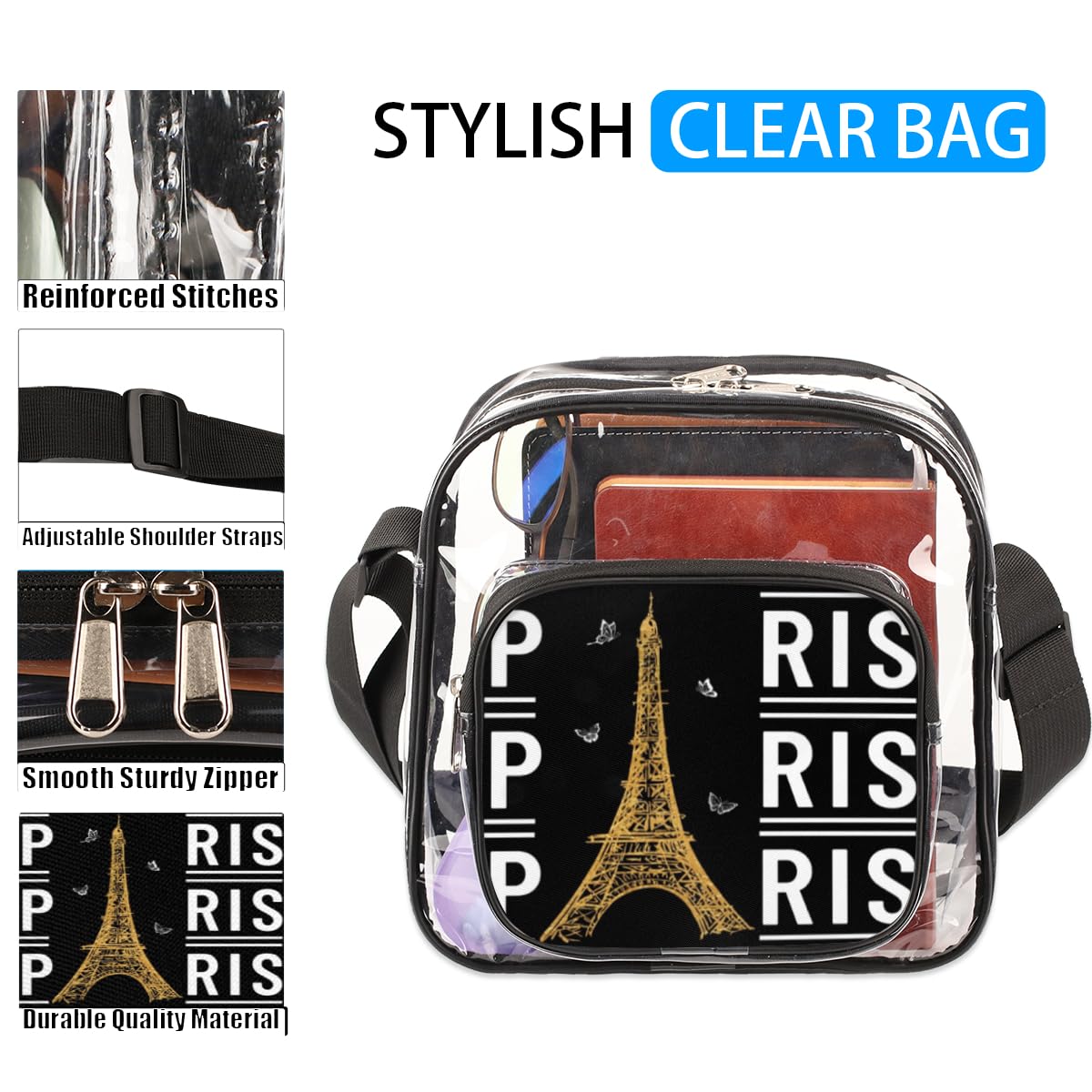 Eiffel Tower Abstract Clear Crossbody Purse Bag - Paris Themed Stadium Approved Clear Purse for Women & Men - Perfect for Concerts, Sports Events & Festivals - Fashionable & Functional Clear Shoulder Bag for Everyday Use