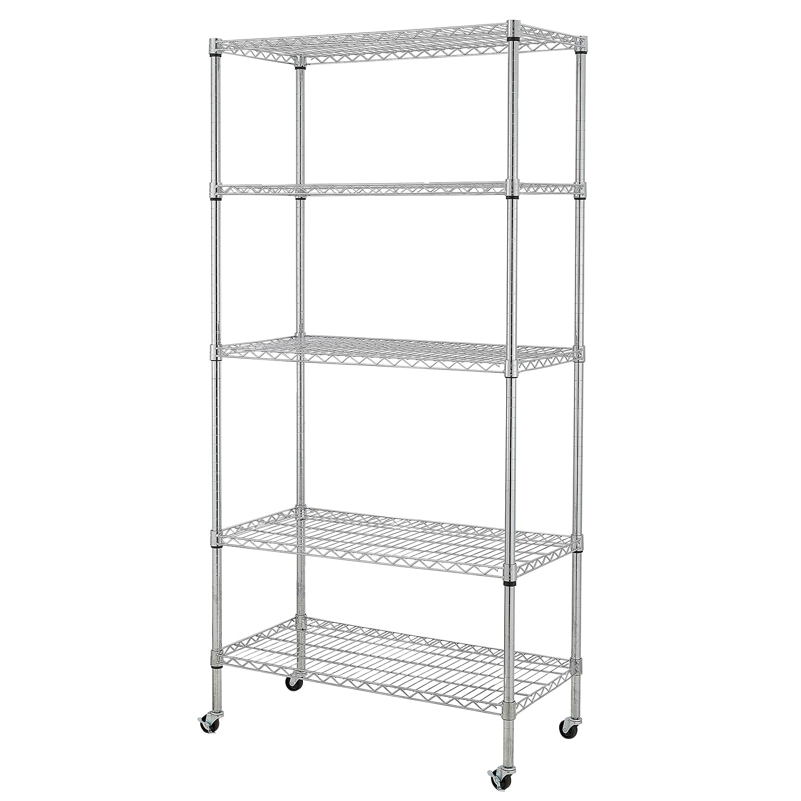 Adjustable 5-Tier Steel Wire Shelving Unit with PE Mat, Leveling Feet & Safety Device - 90 x 45 x 180cm Chrome Storage Rack for Garage, Kitchen, Pantry Organization & Commercial Use
