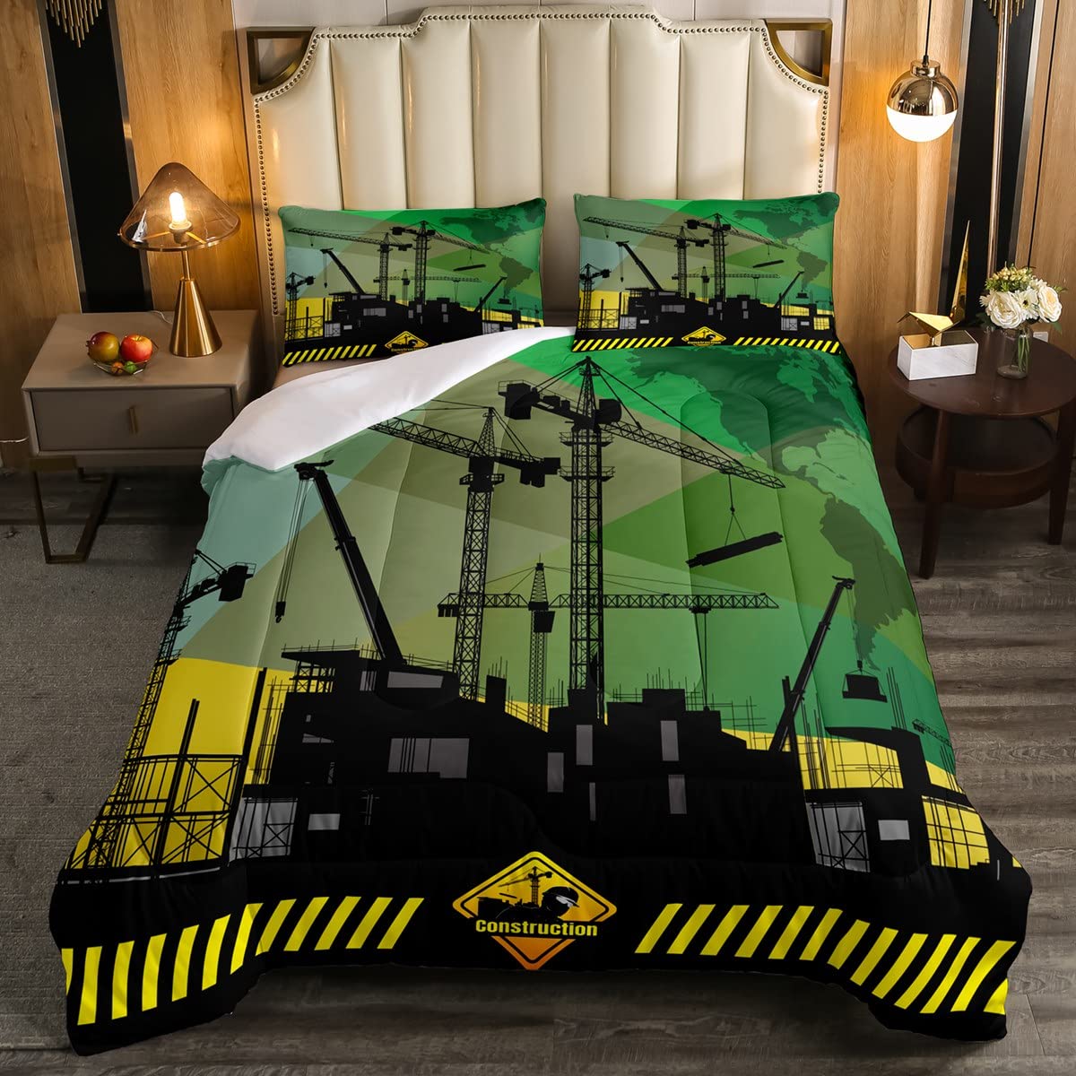 Erosebridal Boys Construction Truck Bedding Set - Twin Size Kids Machinery Themed Comforter with Excavator & Crane Design - Black & Green Duvet Cover for Bedroom Decor | Perfect for Construction-Themed Kids' Rooms & Toddler Bedding