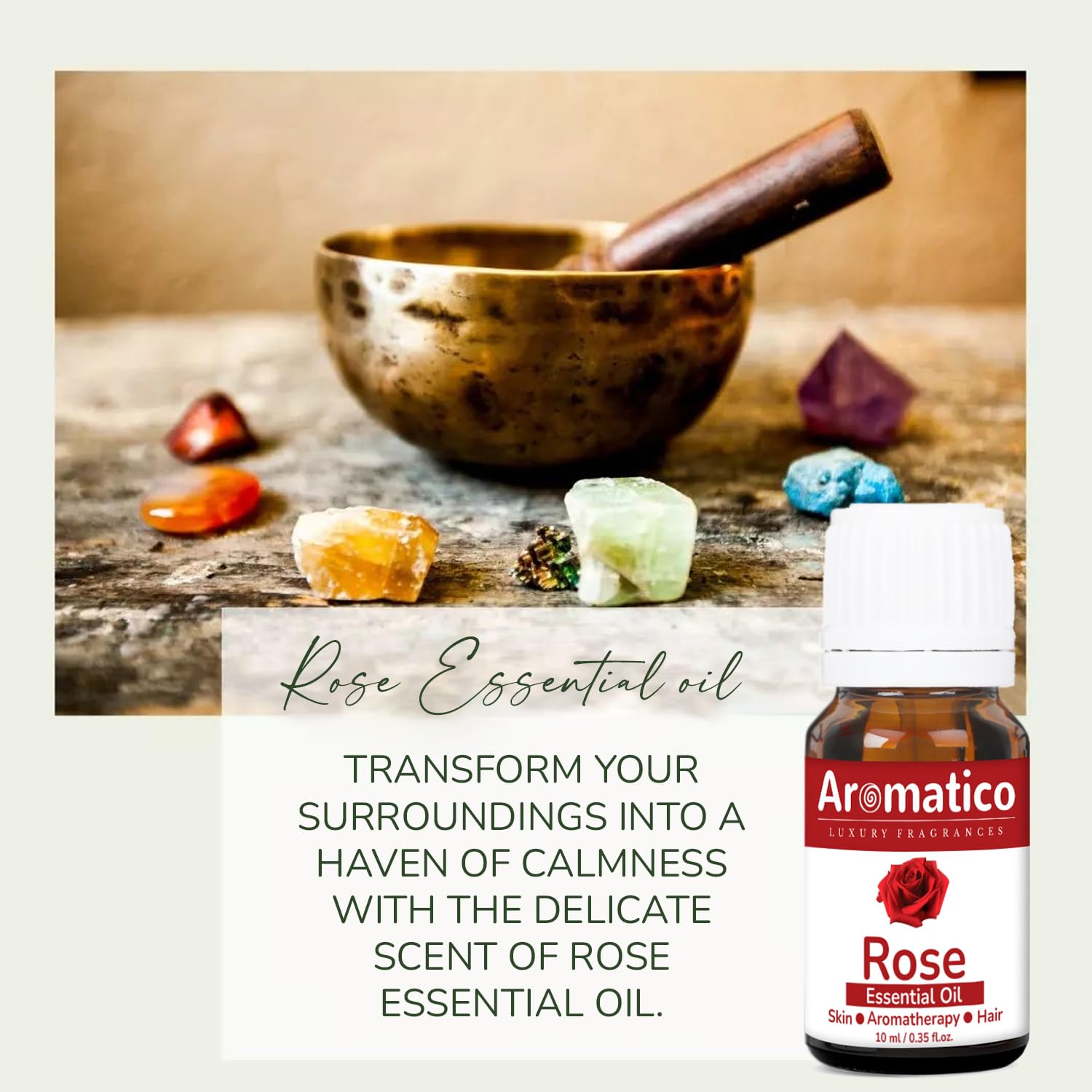 AROMATICO 100% Pure Rose Essential Oil for Aromatherapy, Stress Relief & Meditation | Natural Fragrance for Diffusers, Candles, Soaps | Promotes Relaxation & Focus | Perfect for Spa, Yoga & Home Use - 10ml Bottle