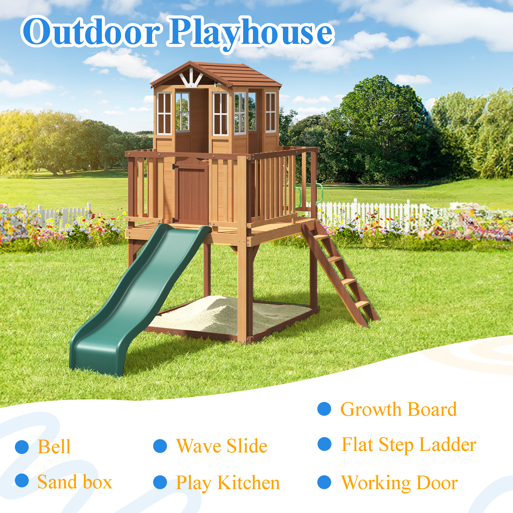 Erommy Kids Wooden Playhouse - Outdoor Fir Tree House with Slide, Climbing Ladder & Play Kitchen | Durable Wooden Playhouse for Children Ages 4-8 | Perfect for Backyard, Garden & Outdoor Playtime