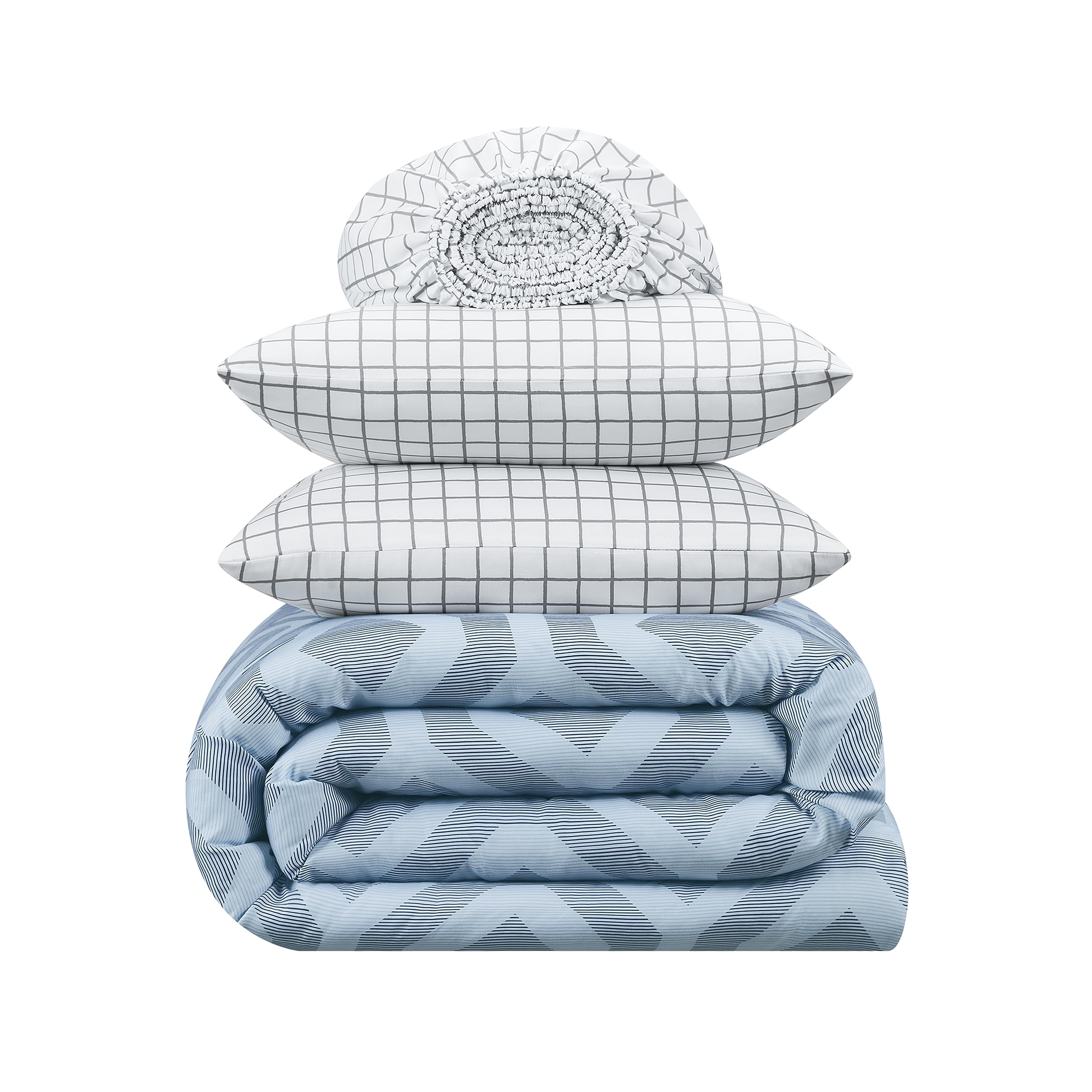 Serta Simply Clean Skyler Soft 7-Piece Geometric King Size Bed in a Bag Complete Bedding Set - All-Season Comforter with Sheets & Pillowcases, Blue | Perfect for Master Bedrooms, Guest Rooms & Dorm Decor