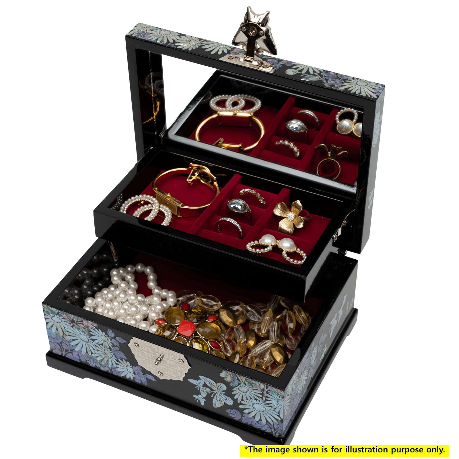 February Mountain Mother of Pearl Jewelry Box - 2 Layer Jewelry Organizer for Earrings, Rings, Necklaces, Bracelets & Watches | Perfect Gift for Women, Birthday, Anniversary, Valentine's Day (Siberian Chrysanthemum with Butterflies Design) | Elegant Storage for Dresser, Vanity or Travel