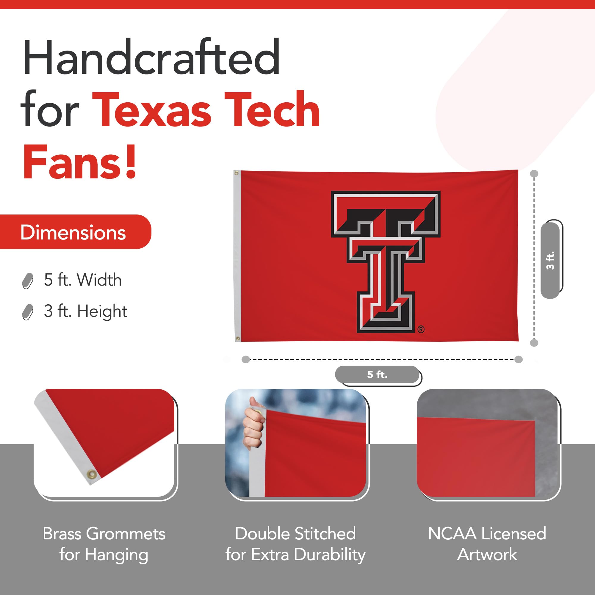 Texas Tech Red Raiders 3' x 5' NCAA Licensed Nylon College Sports Flag - Durable Outdoor/Indoor School Banner for Game Day, Tailgating & Home Decor (Red, Black, White)