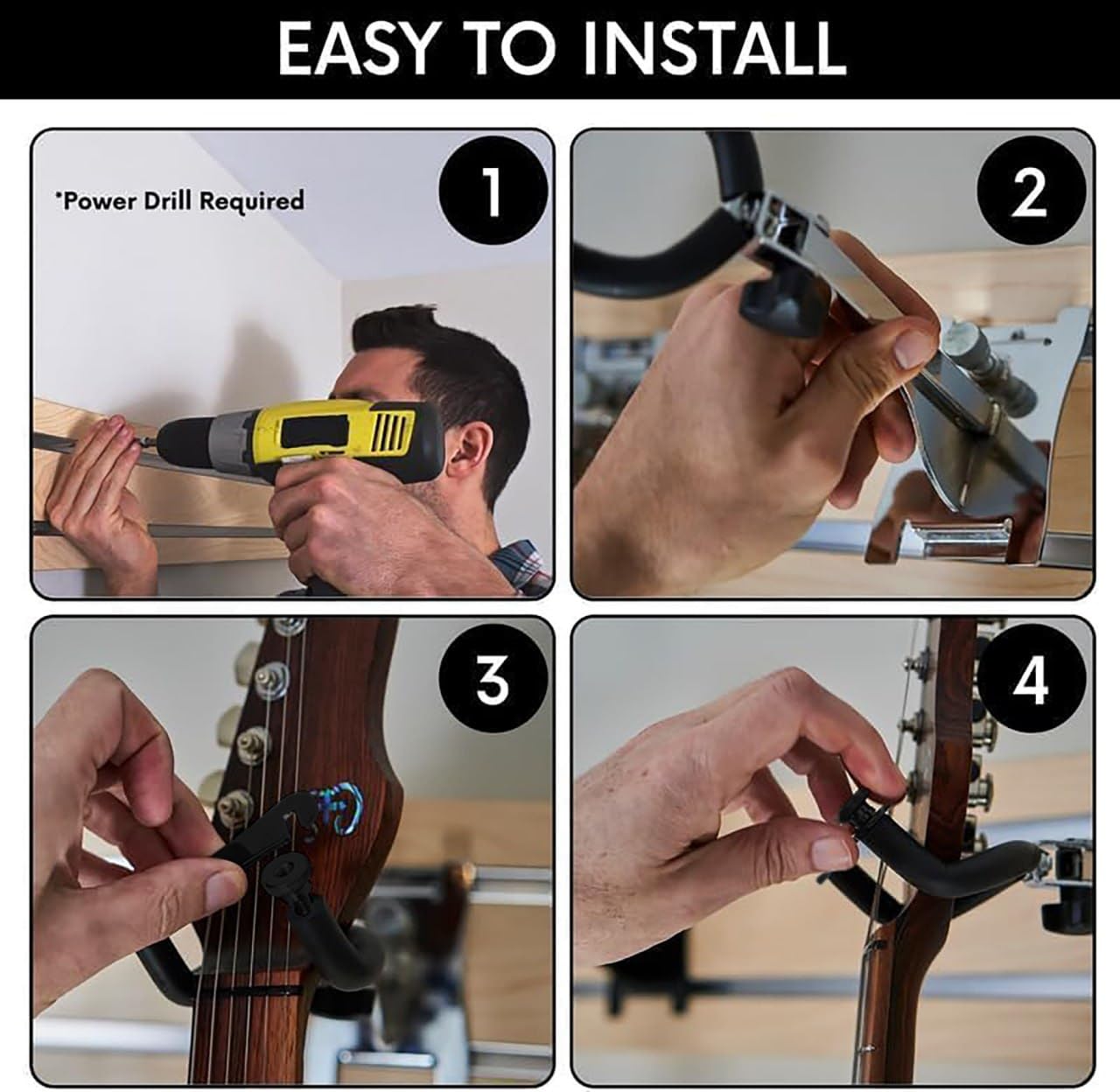 DLDirect 7 Guitar & Ukulele Wall Mount Holder with Locking System - 48 Inch Black Wall Hanger for Home, Studio & Music Room Organization