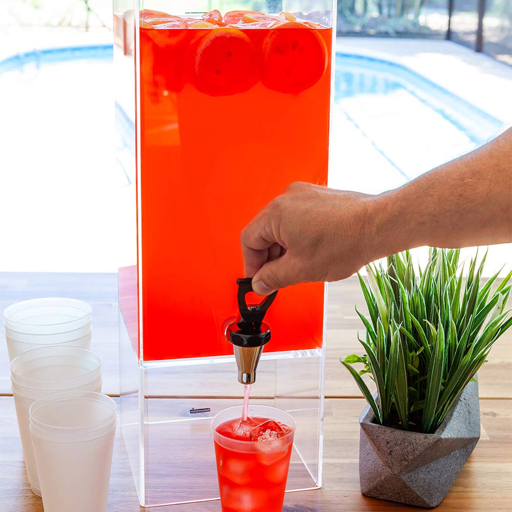 Restaurantware Bev Tek 2 Gallon Square Beverage Dispenser with Stand - Clear Acrylic Drink Dispenser with Easy-to-Use Spigot for Tea, Water, Juice - Perfect for Parties, Weddings, Catering & Outdoor Events