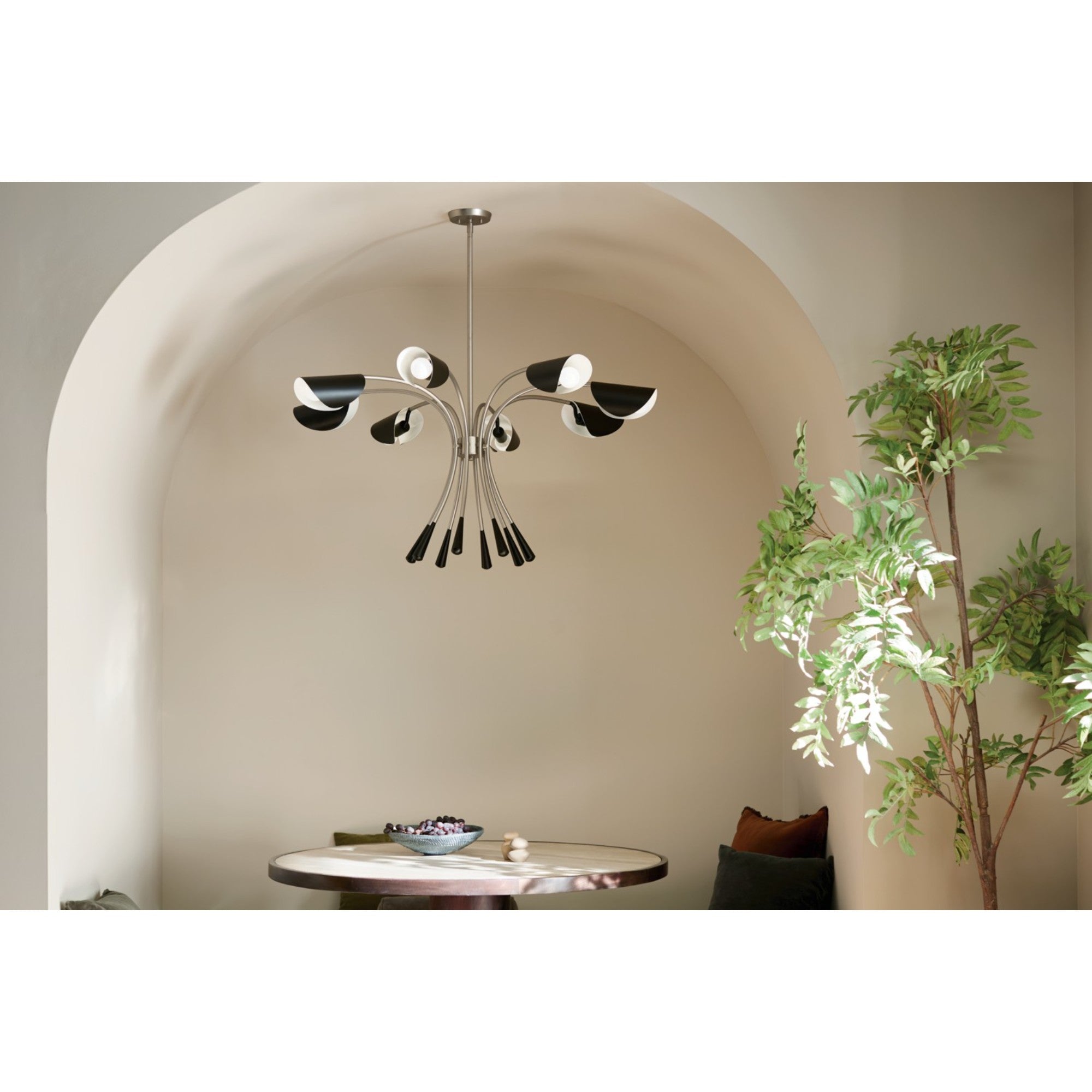 Arcus 46-Inch 8-Light Chandelier with Black Shade - Satin Nickel Finish | Elegant Dining Room & Bedroom Lighting Fixture