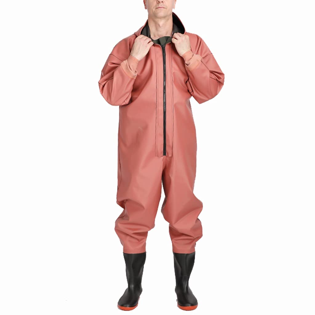 Waterproof Fishing Chest Waders with Non-Slip Rubber Boots - Full Body Rain Suit with Zipper & Hood - Heavy Duty One-Piece Design (Red, Size 38) - Ideal for Fly Fishing, Duck Hunting & Outdoor Water Activities